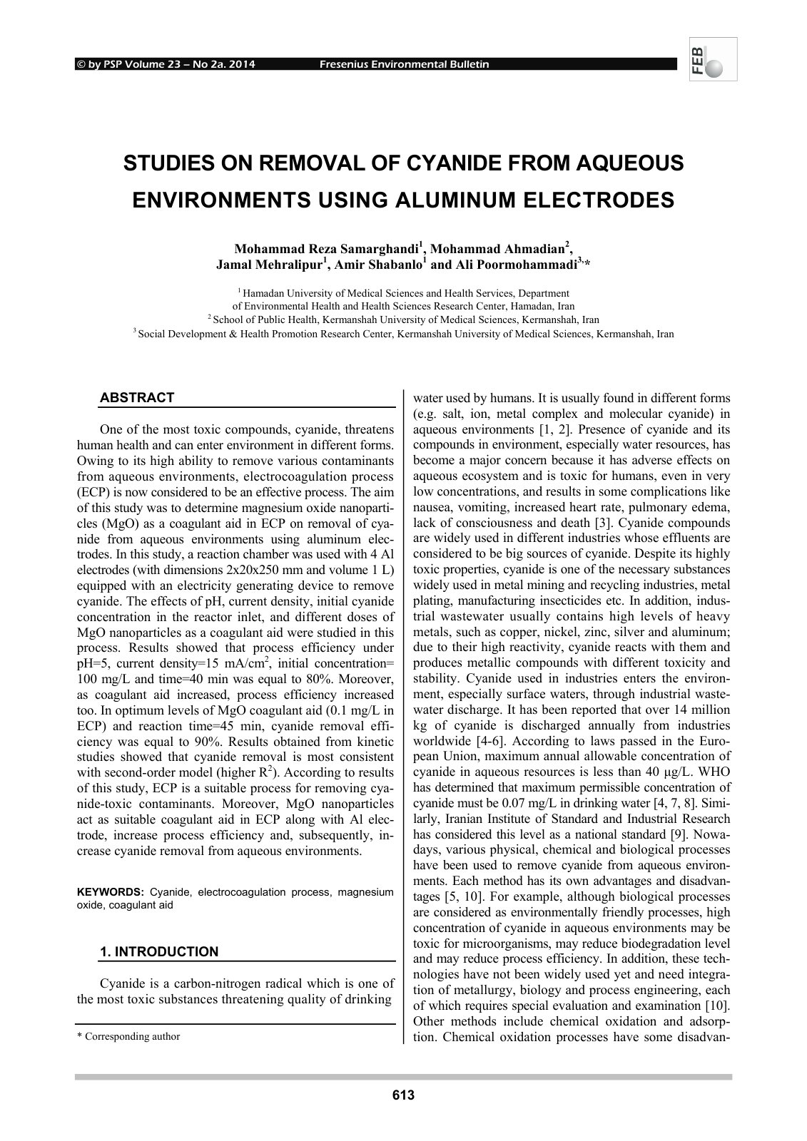 First page of STUDIES ON REMOVAL OF CYANIDE FROM AQUEOUS ENVIRONMENTS USING ALUMINUM ELECTRODES