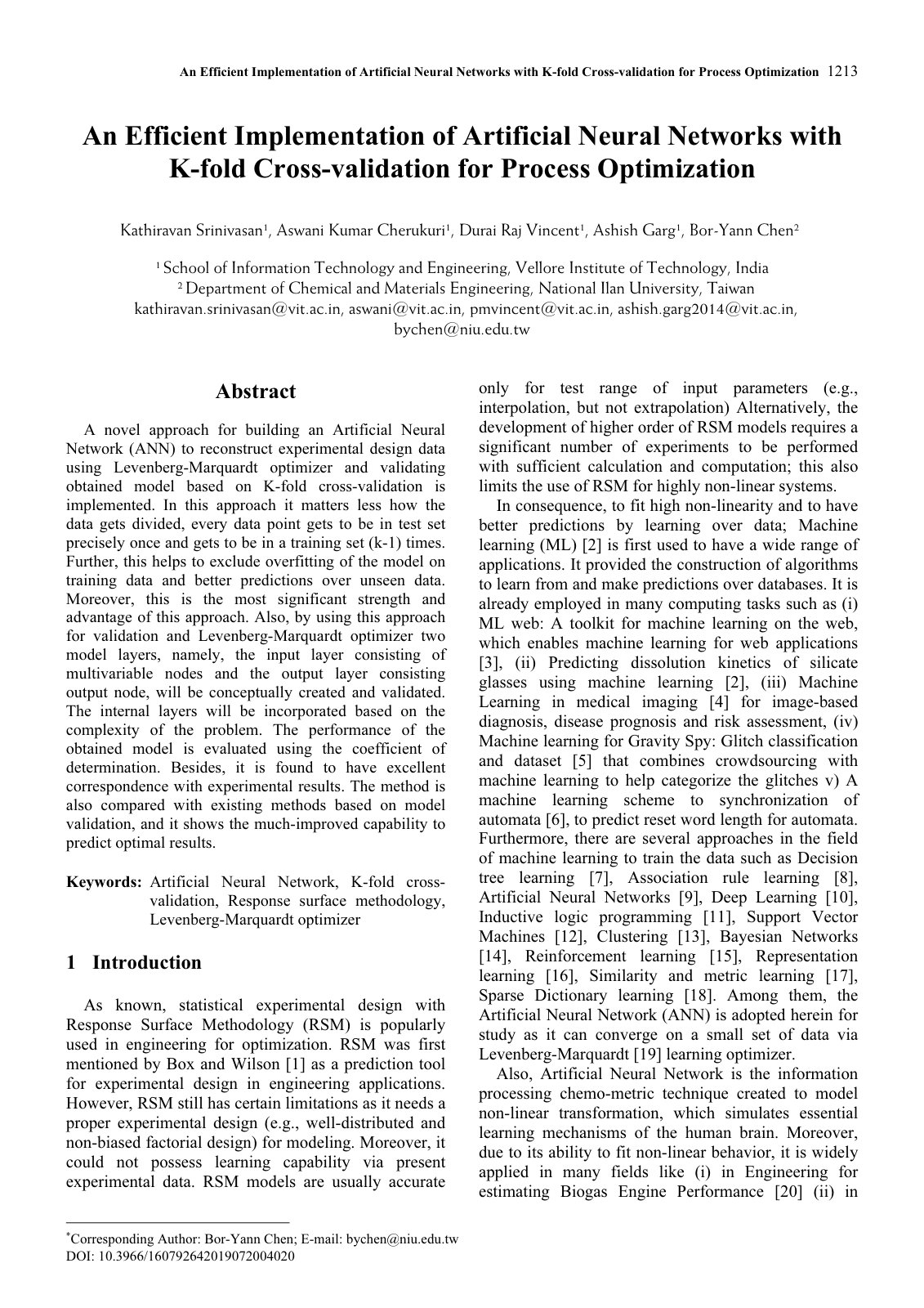 First page of An Efficient Implementation of Artificial Neural Networks with K-fold Cross-validation for Process Optimization