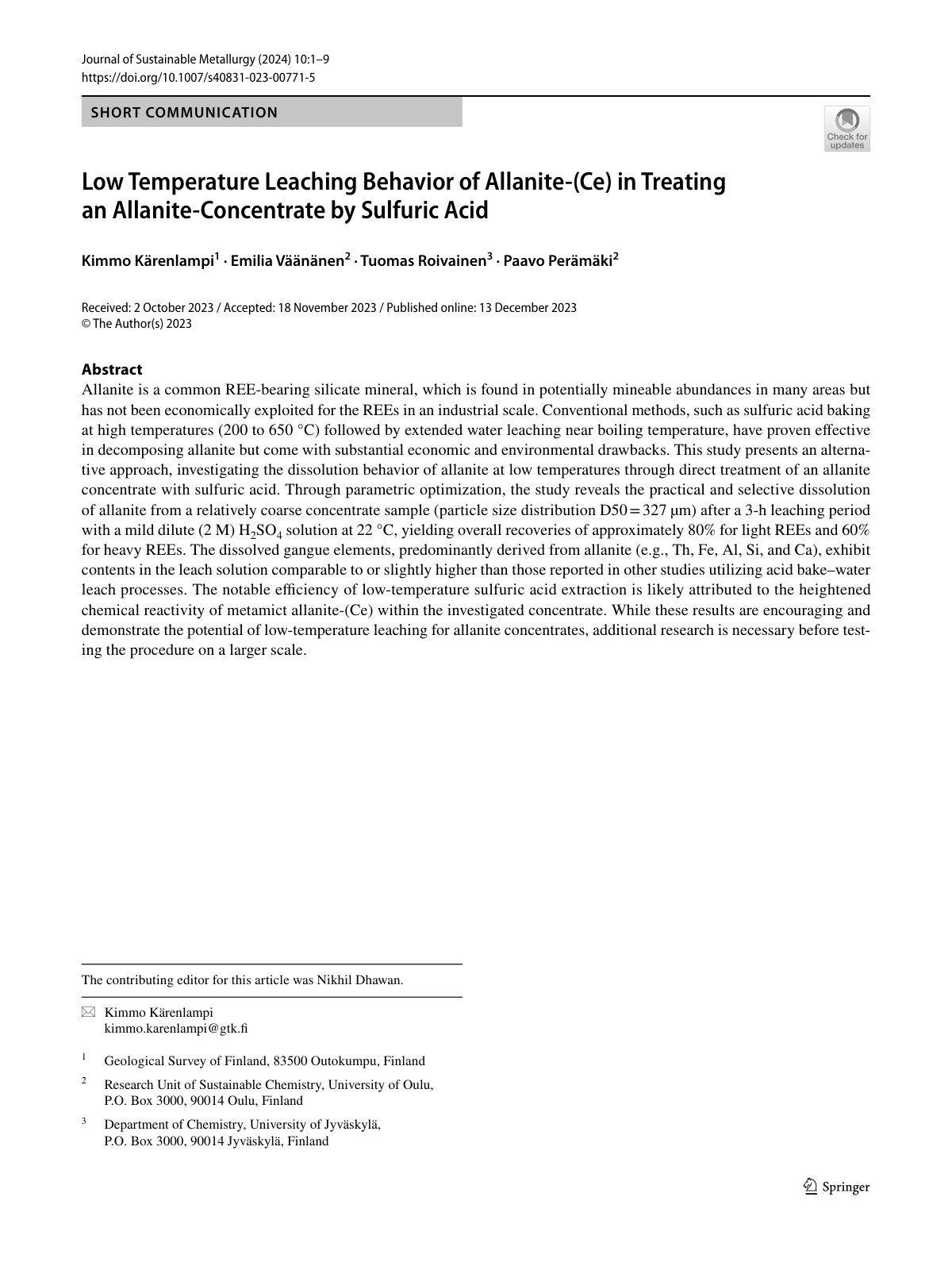 First page of 2024   Karenlampi   Low temperature sulfuric acid leaching of allanite