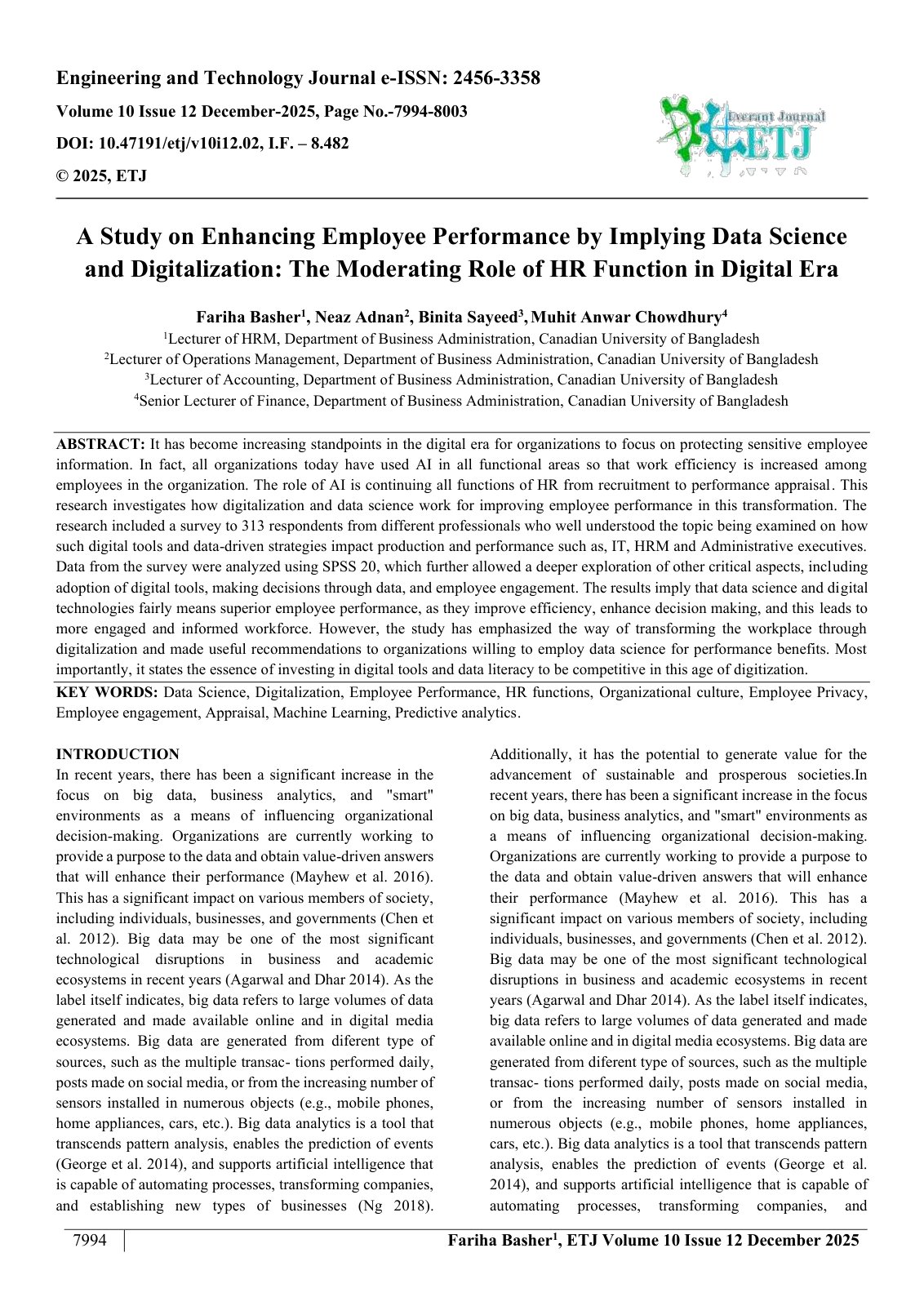 First page of A Study on Enhancing Employee Performance by Implying Data Science  and Digitalization: The Moderating Role of HR Function in Digital Era
