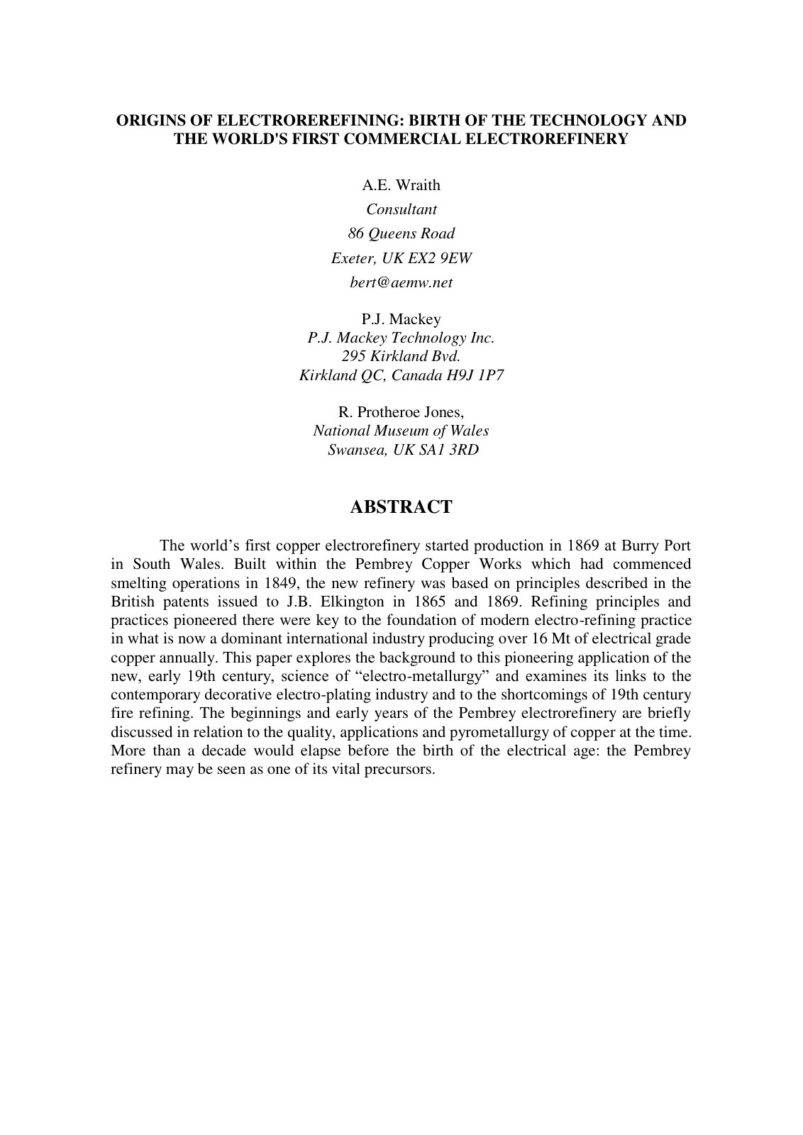 First page of ORIGINS OF ELECTROREREFINING BIRTH OF TH