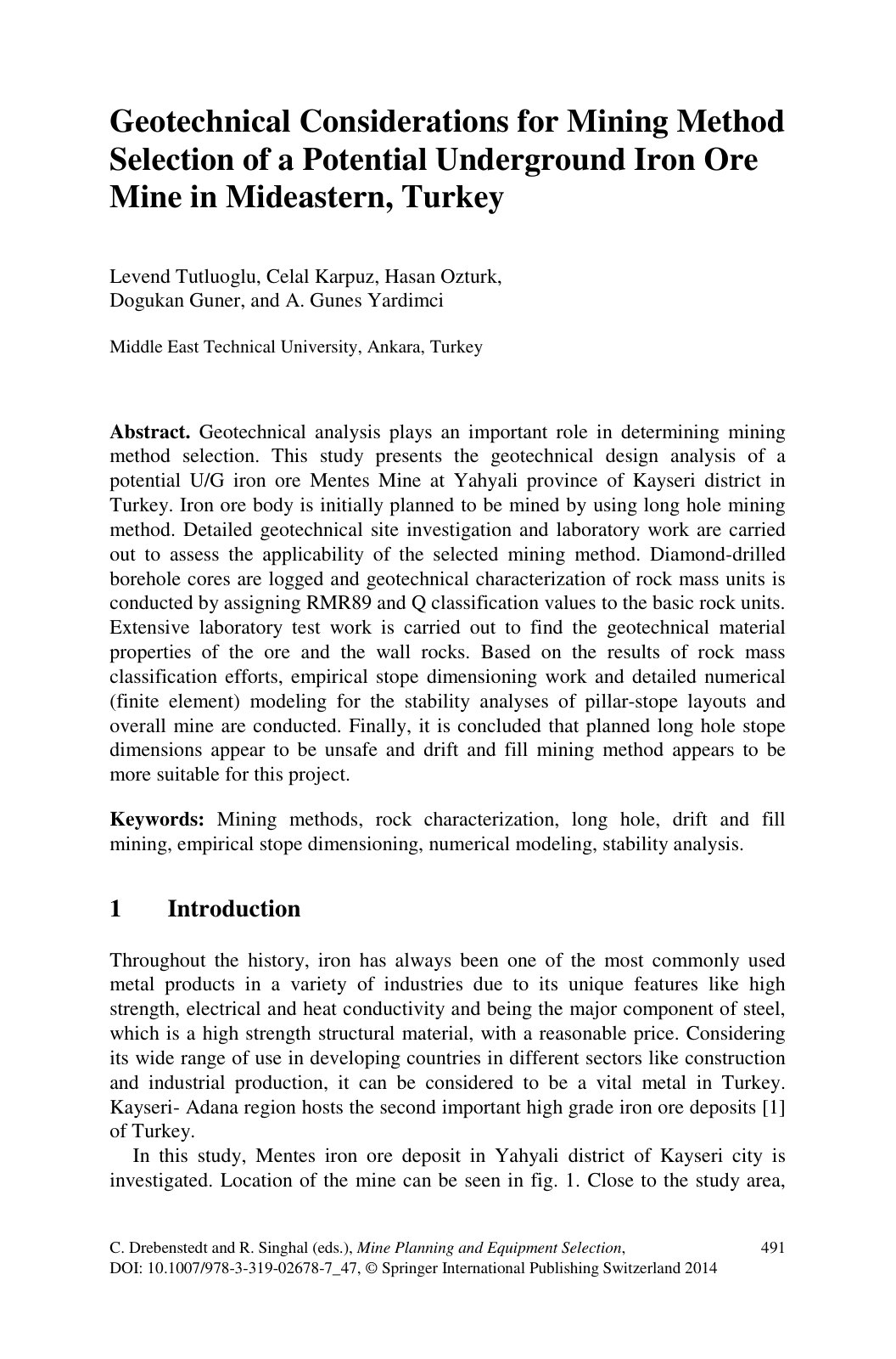 First page of Geotechnical Considerations for Mining Method Selection of a Potential Underground Iron Ore Mine in Mideastern, Turkey