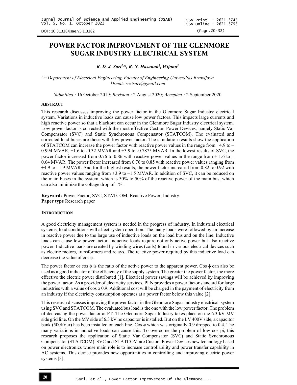 First page of POWER FACTOR IMPROVEMENT OF THE GLENMORE SUGAR INDUSTRY ELECTRICAL SYSTEM