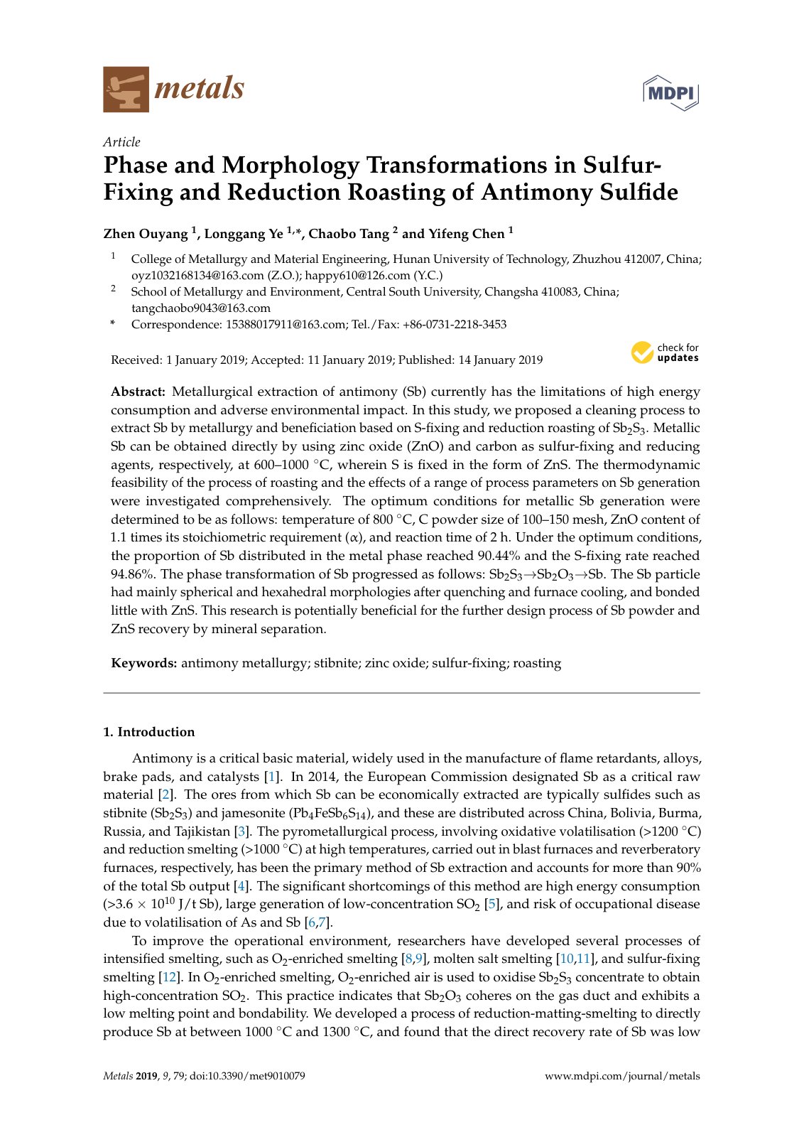 First page of Phase and Morphology Transformations in Sulfur-Fixing and Reduction Roasting of Antimony Sulfide