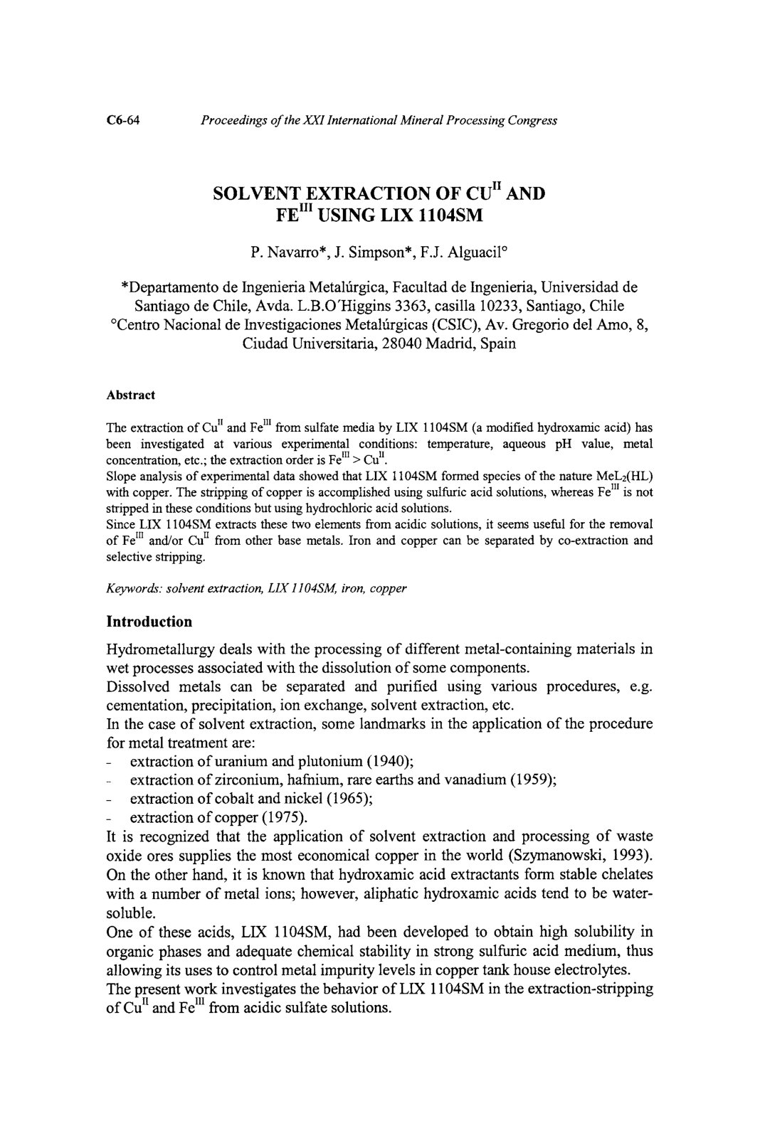First page of Solvent extraction of cuII and feIII usi