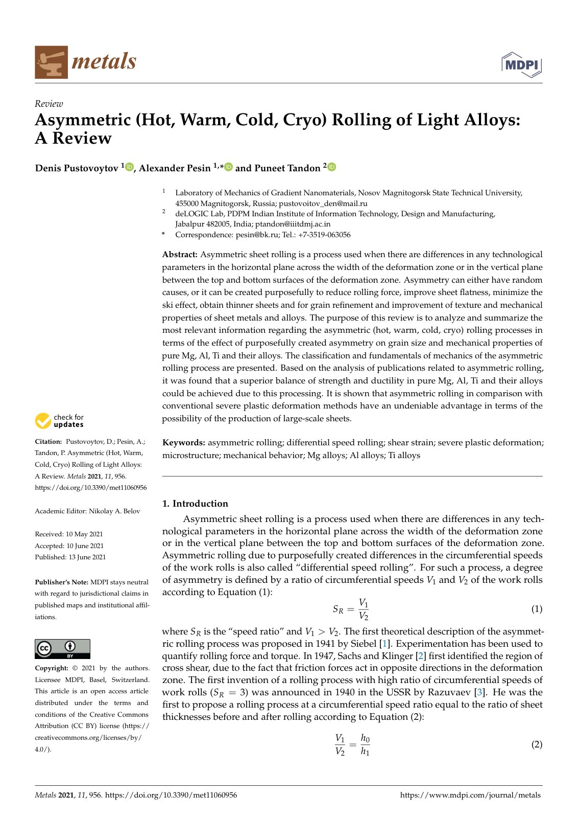First page of Asymmetric (Hot, Warm, Cold, Cryo) Rolling of Light Alloys: A Review