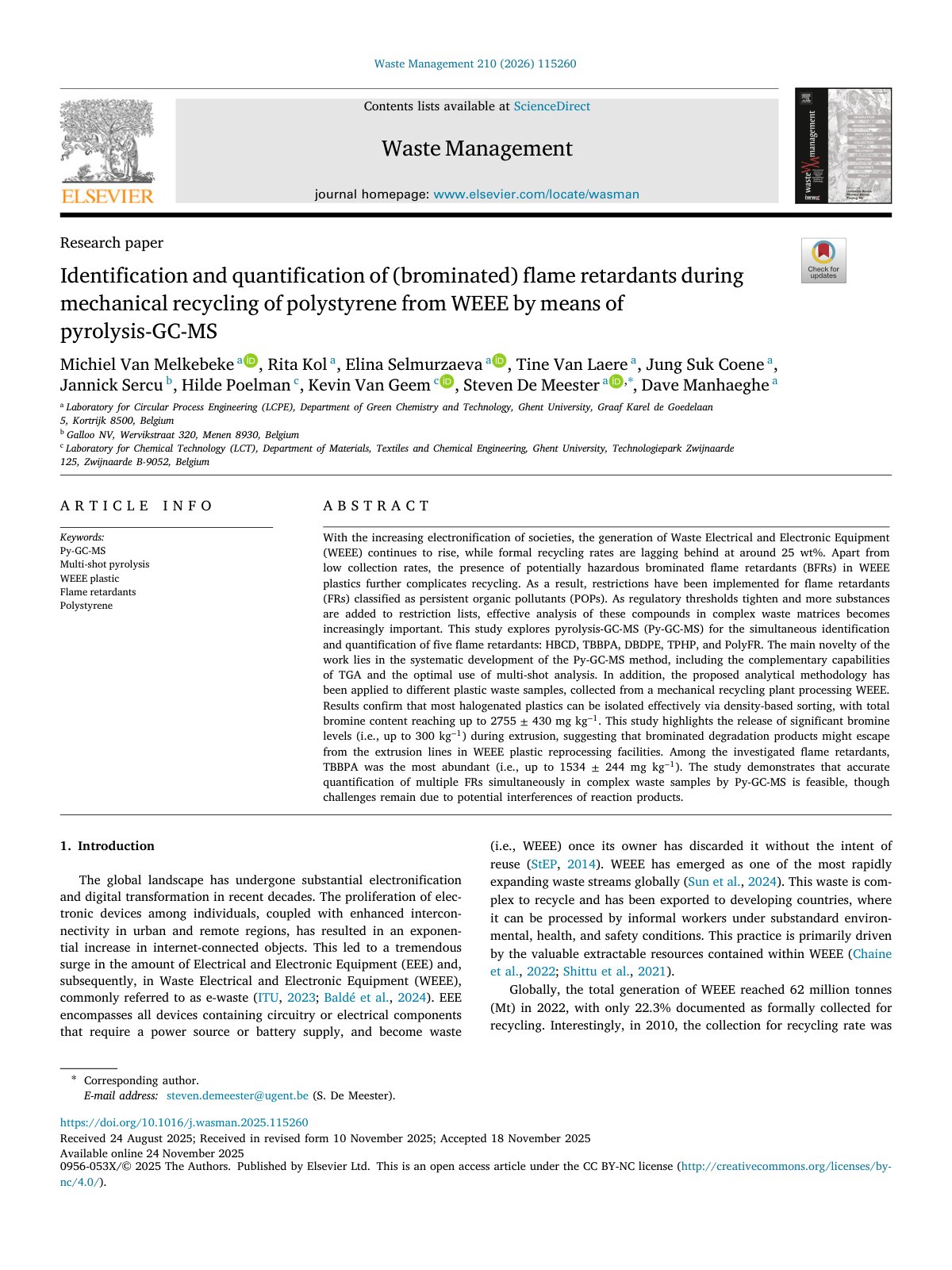 First page of Identification and quantification of  brominated  flame retardan 2026 Waste 