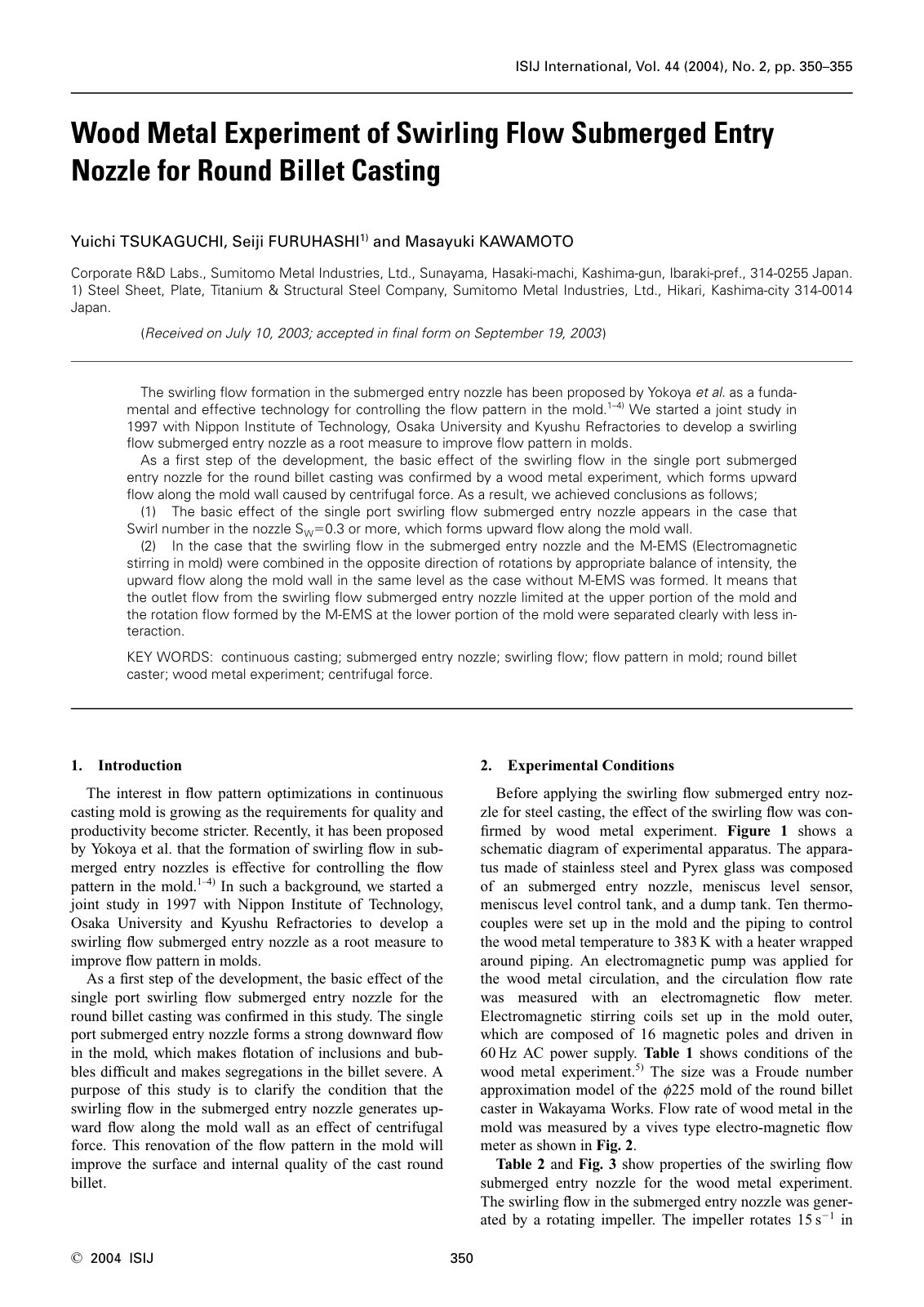 First page of Wood Metal Experiment of Swirling Flow S