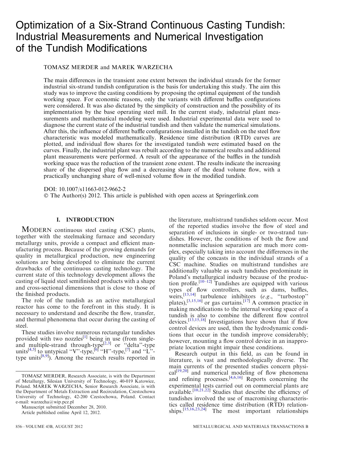 First page of Optimization of a Six-Strand Continuous Casting Tundish: Industrial Measurements and Numerical Investigation of the Tundish Modiﬁcations