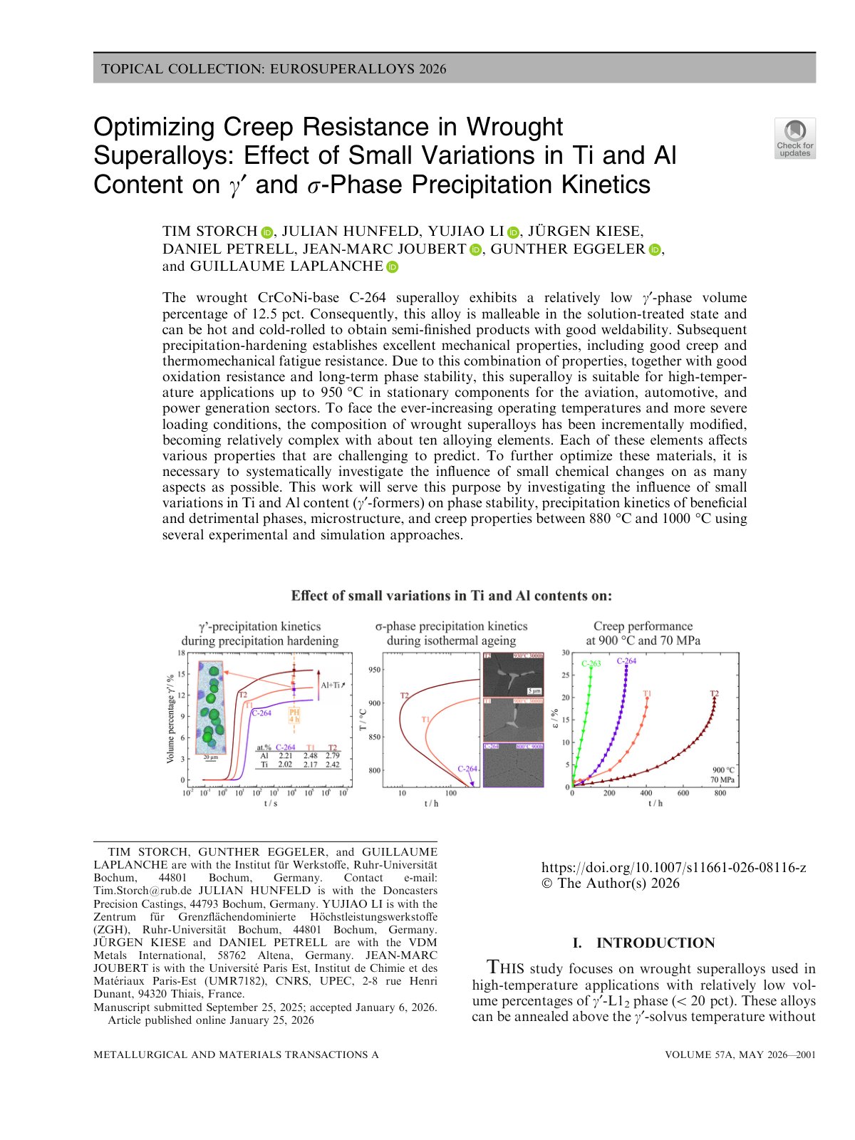 First page of Optimizing Creep Resistance in Wrought Superalloys: Effect of Small Variations in Ti and Al Content on c¢ and r-Phase Precipitation Kinetics