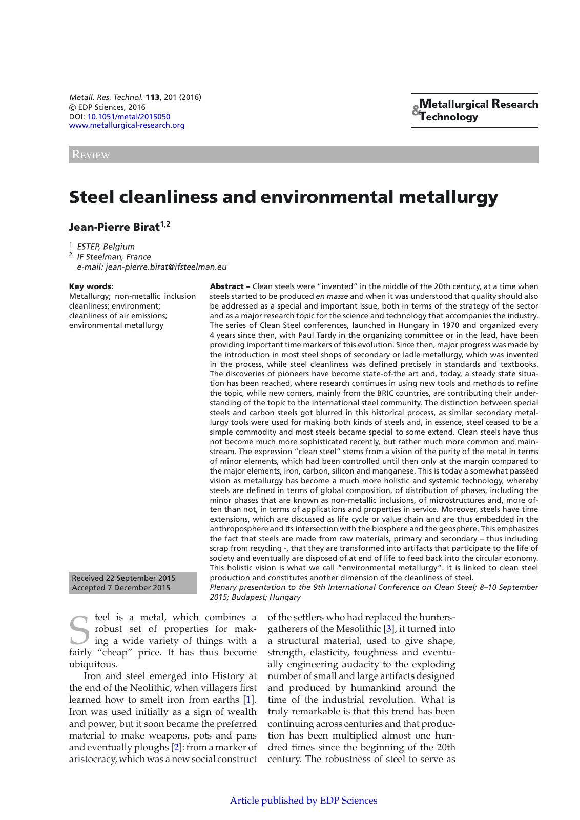 First page of Steel cleanliness and environmental meta