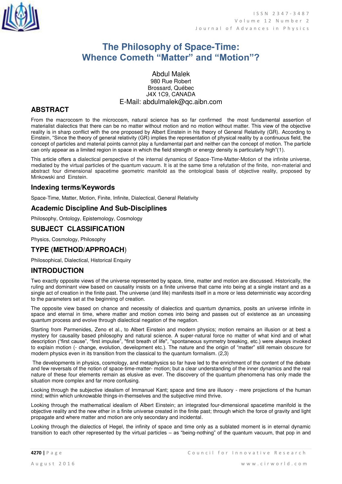 First page of The Philosophy of Space Time Whence Come
