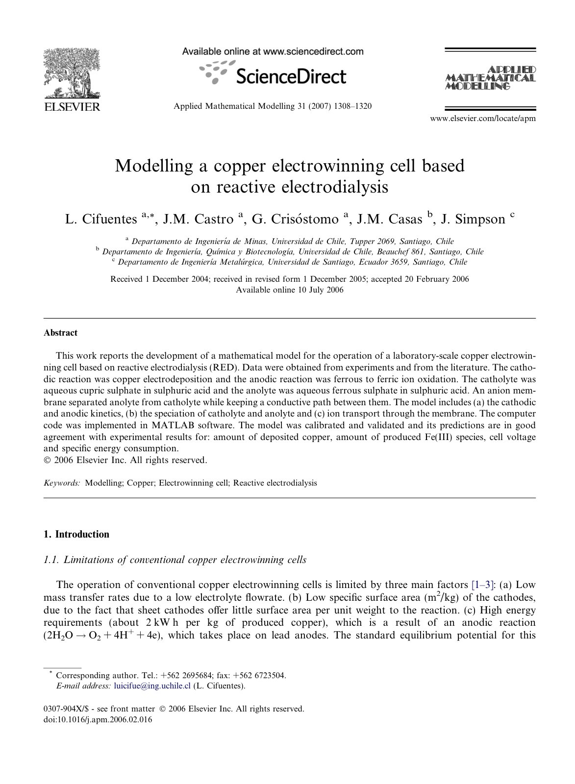 First page of Modelling a copper electrowinning cell based on reactive electrodialysis