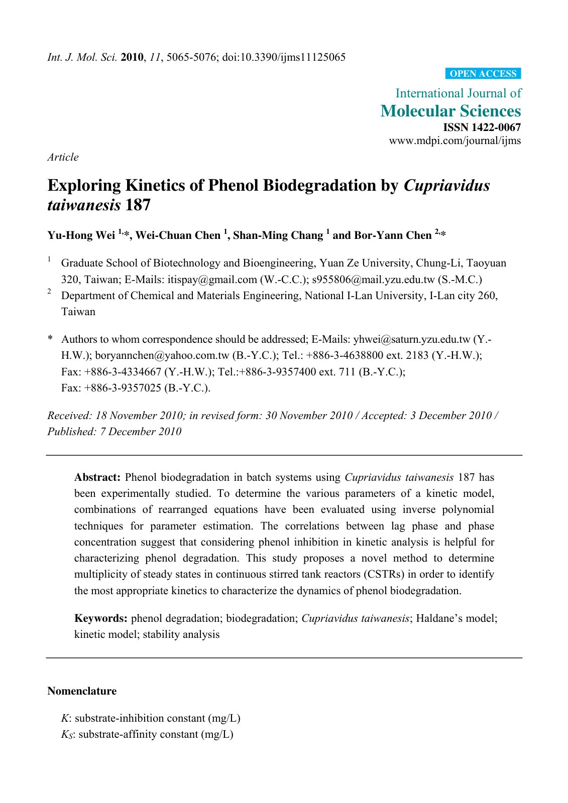 First page of Exploring Kinetics of Phenol Biodegradation by Cupriavidus taiwanesis 187