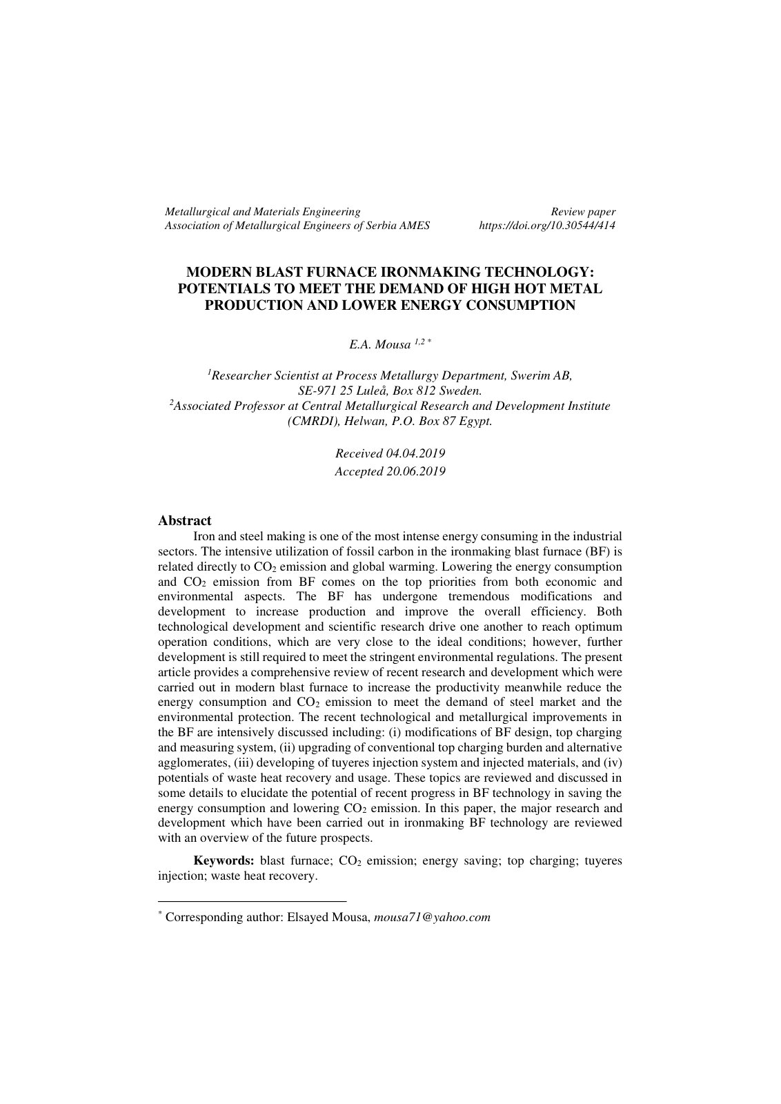 First page of MODERN BLAST FURNACE IRONMAKING TECHNOLOGY: POTENTIALS TO MEET THE DEMAND OF HIGH HOT METAL PRODUCTION AND LOWER ENERGY CONSUMPTION