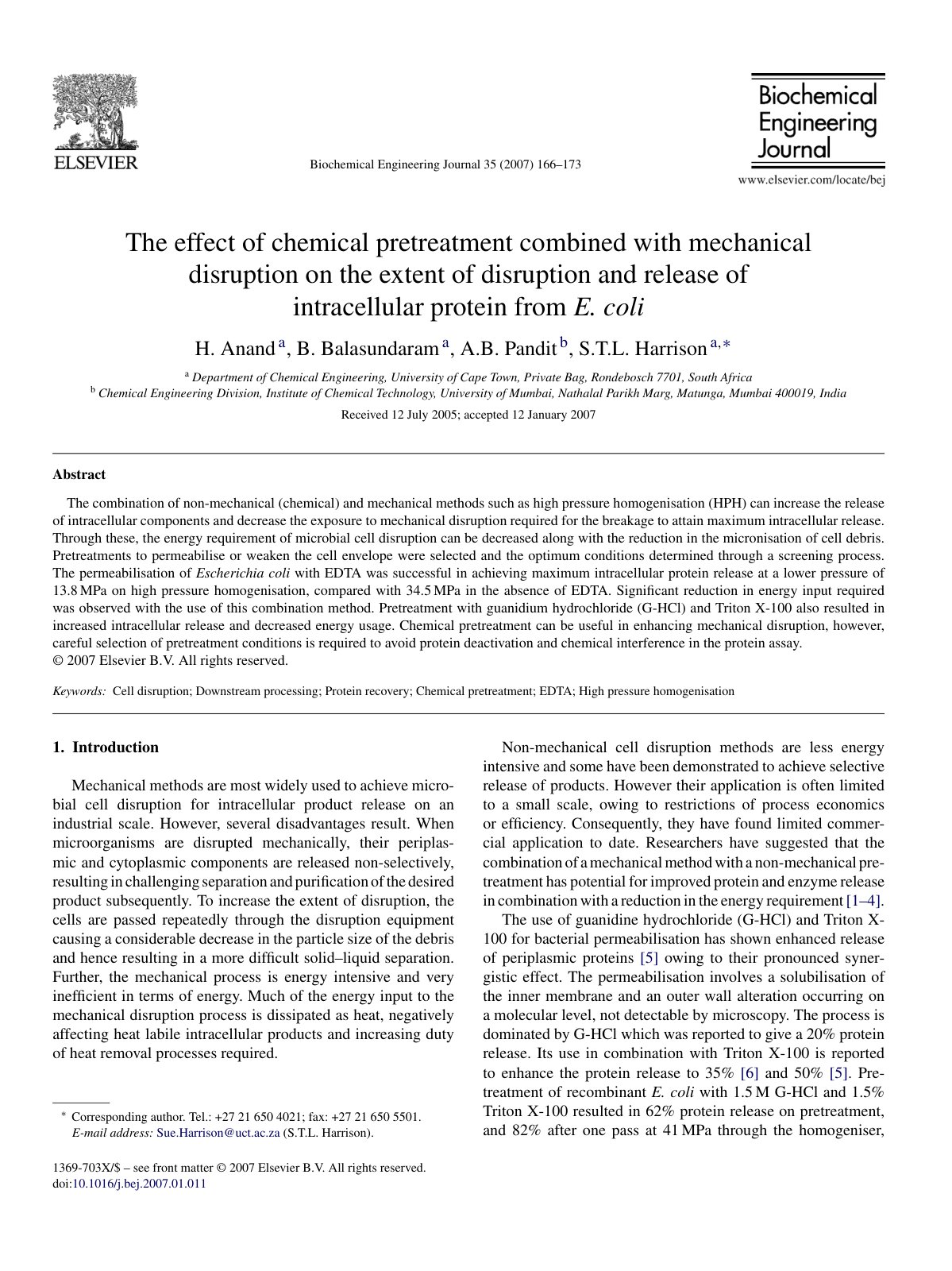 First page of The effect of chemical pretreatment combined with mechanical disruption on the extent of disruption and release of intracellular protein from E. coli