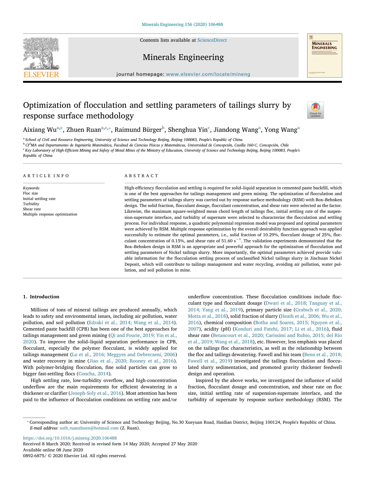 First page of Optimization of flocculation and settling parameters of tailings slurry by response surface methodology