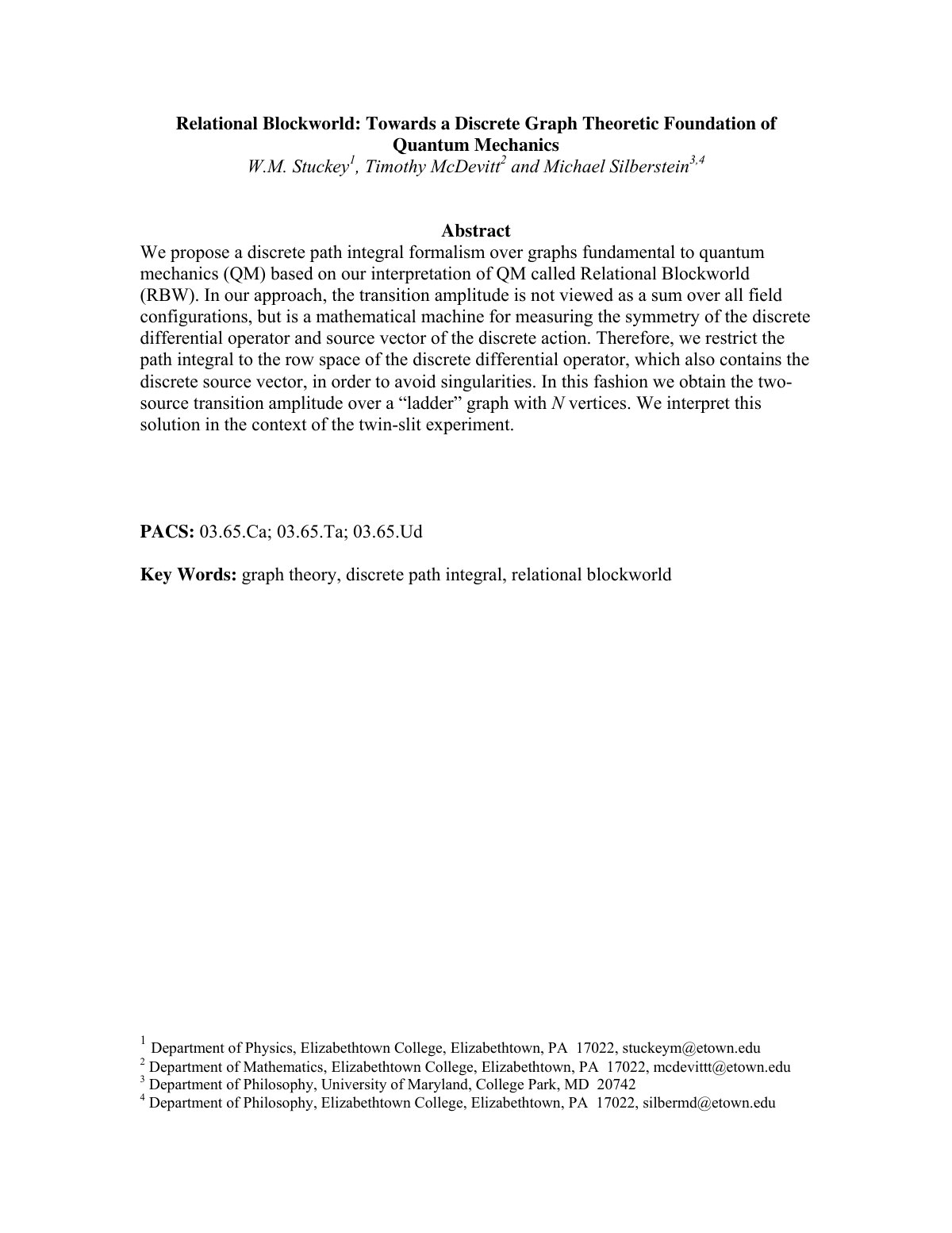 First page of Relational Blockworld: Towards a Discrete Graph Theoretic Foundation of Quantum Mechanics