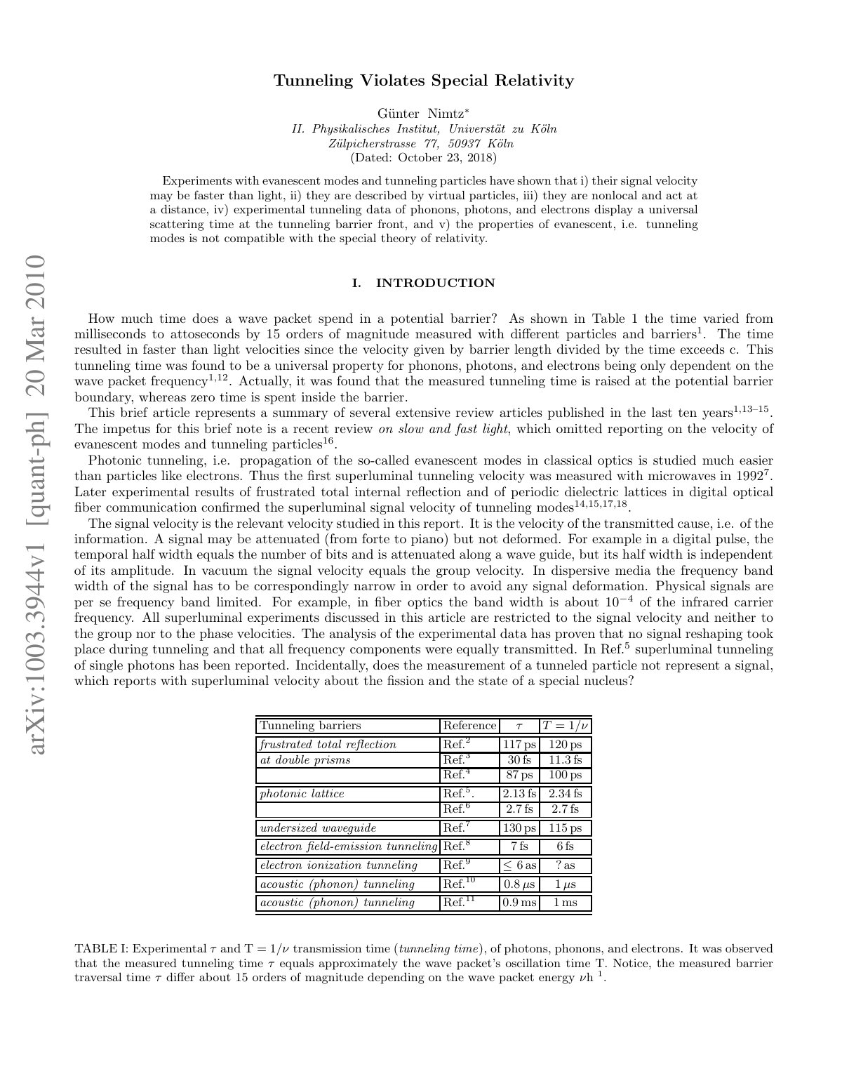 First page of Tunneling Confronts Special Relativity