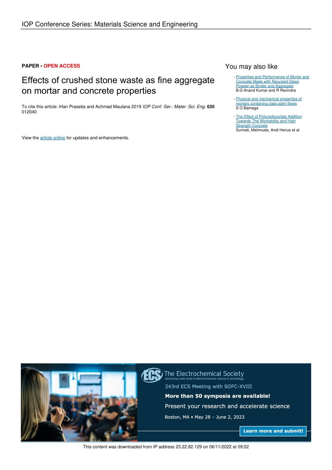 First page of Effects of crushed stone waste as fine aggregate on mortar and concrete properties
