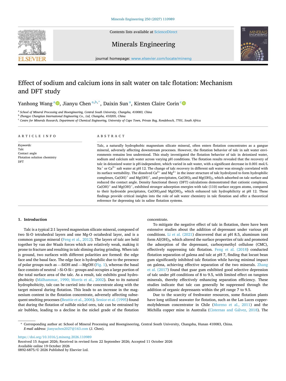 First page of Effect of sodium and calcium ions in salt water on talc fl 2027 Minerals Eng