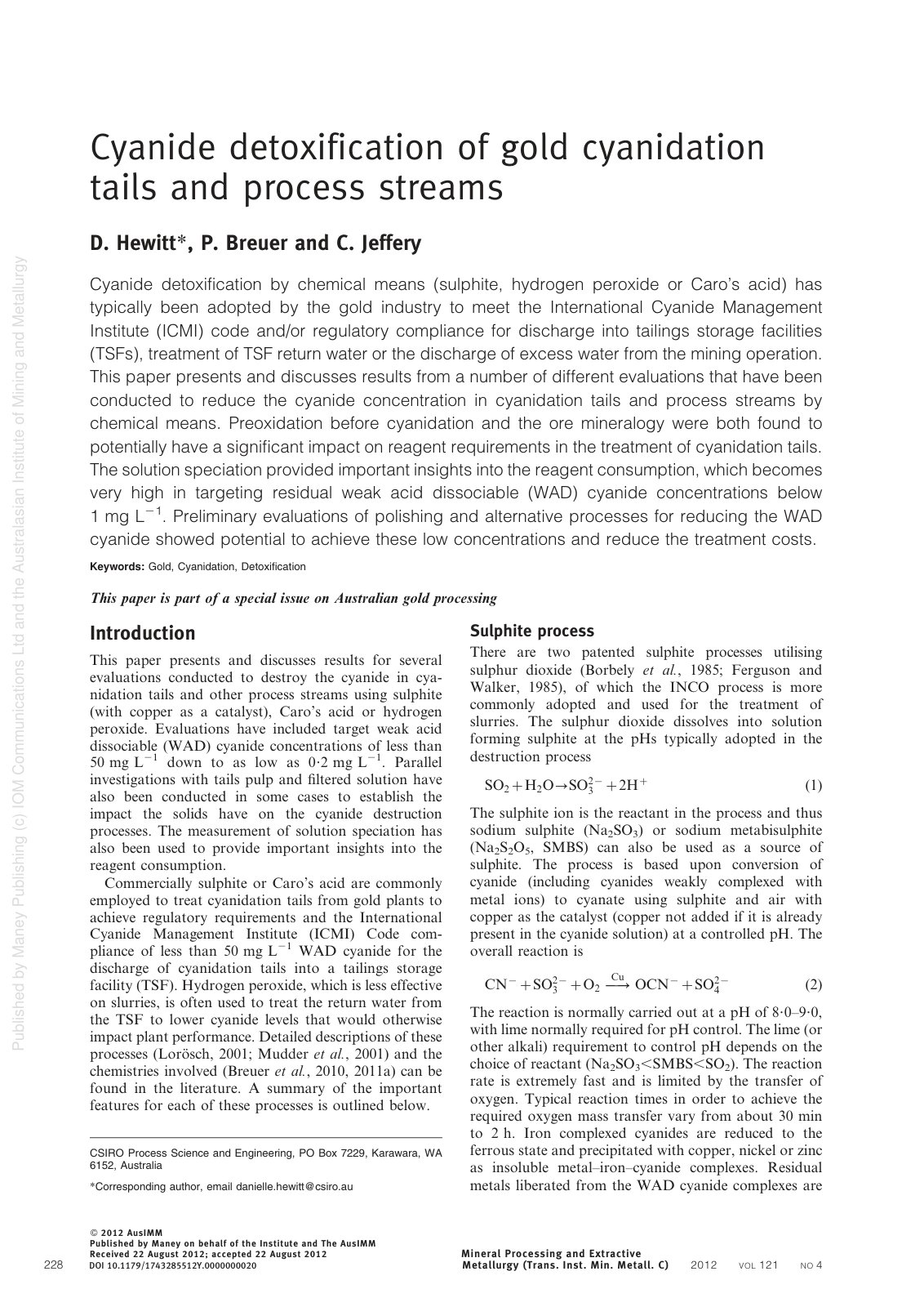 First page of 2012 Hewitt Breuer Jeffery   CN detoxification of gold cyanidation tails and process streams