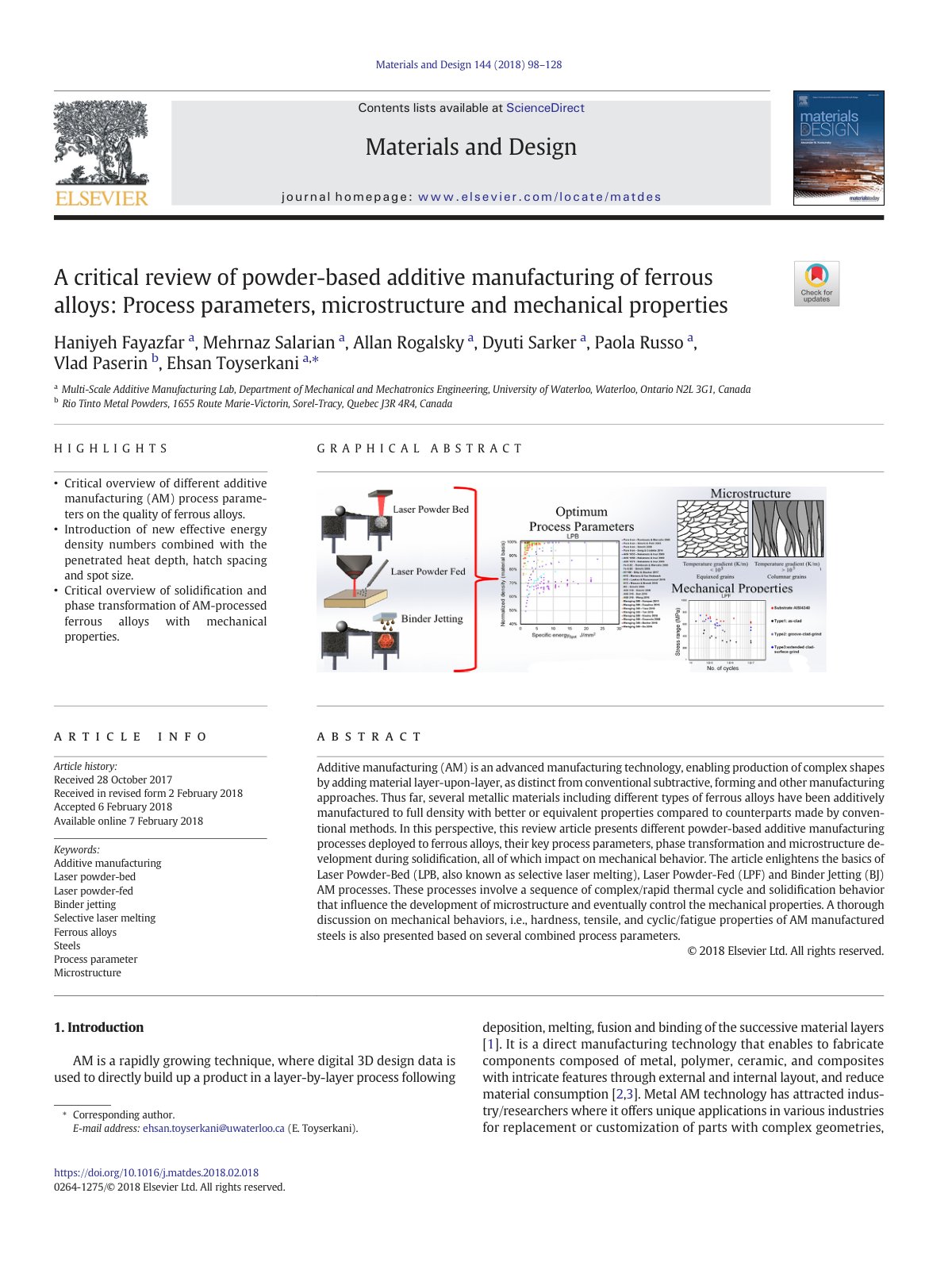First page of A critical review of powder-based additive manufacturing of ferrous alloys: Process parameters, microstructure and mechanical properties