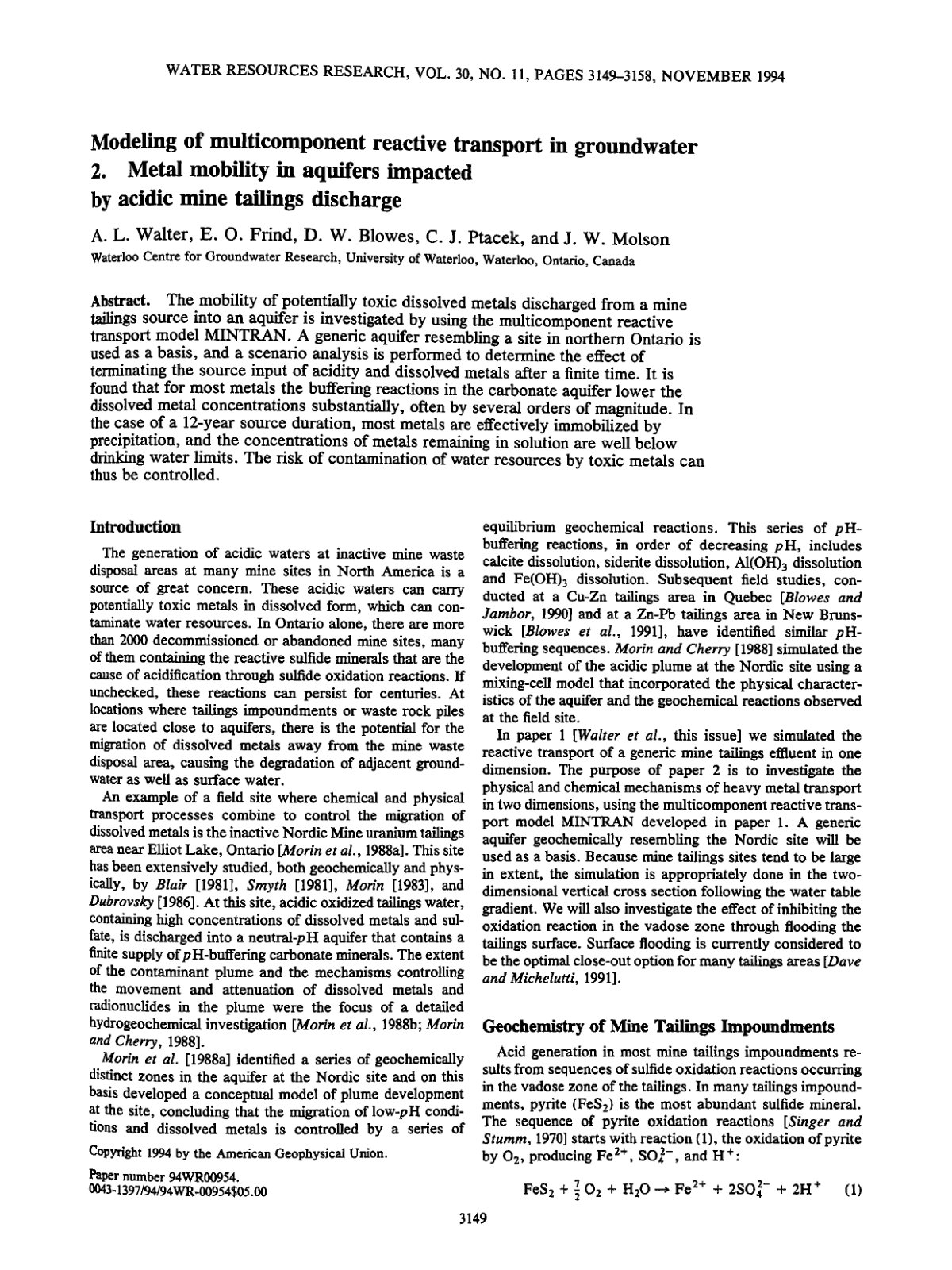 First page of Modeling of multicomponent reactive transport in groundwater 2. Metal mobility in aquifers impacted by acidic mine tailings discharge