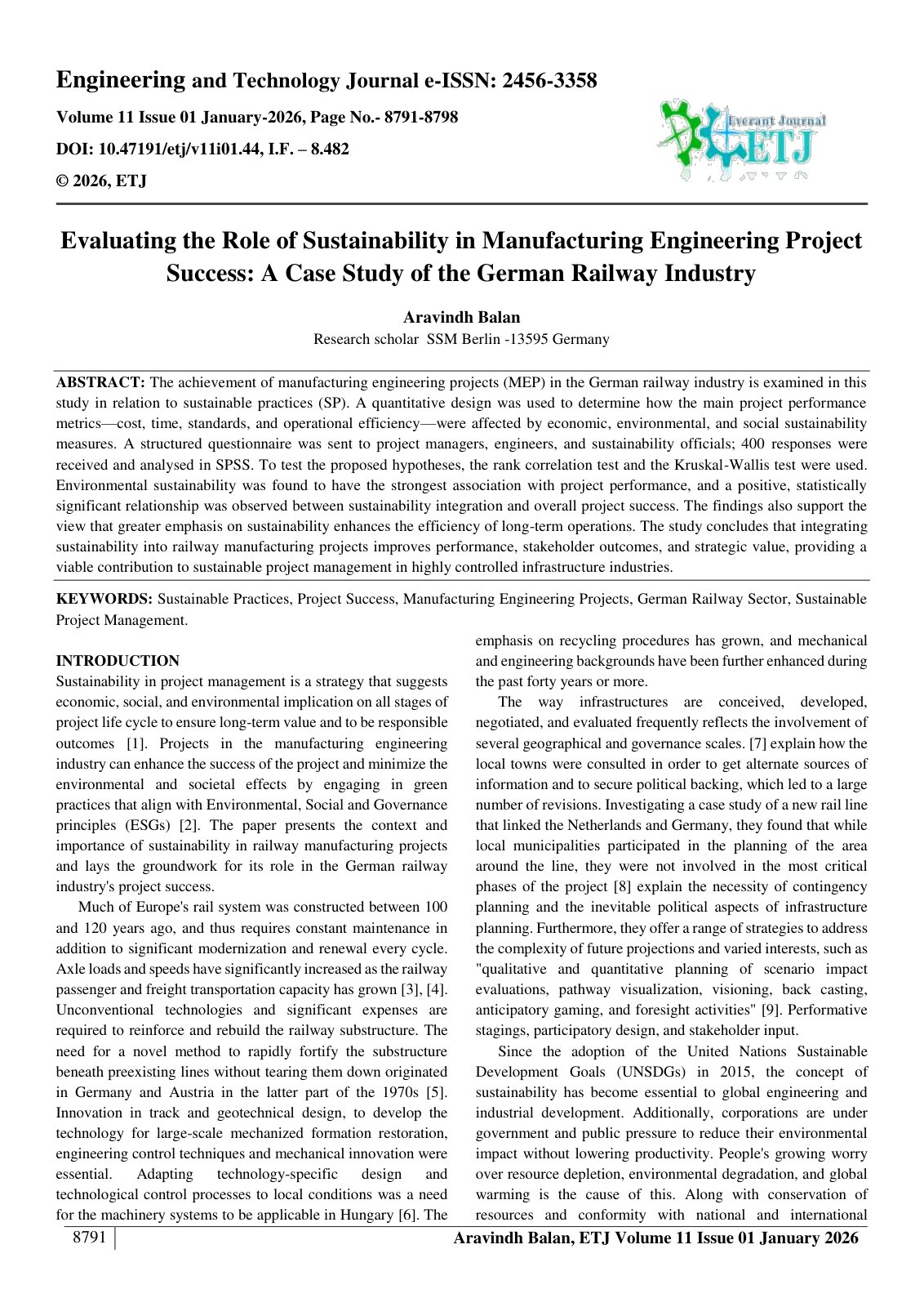 First page of Evaluating the Role of Sustainability in Manufacturing Engineering Project  Success: A Case Study of the German Railway Industry  