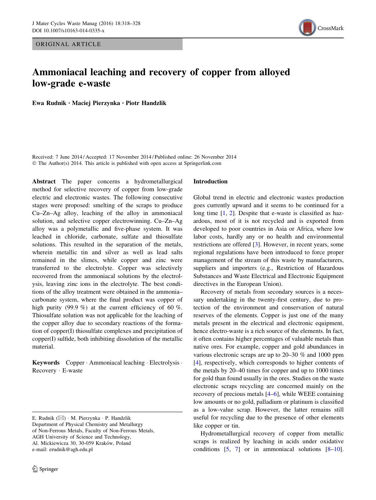 First page of Ammoniacal leaching and recovery of copp