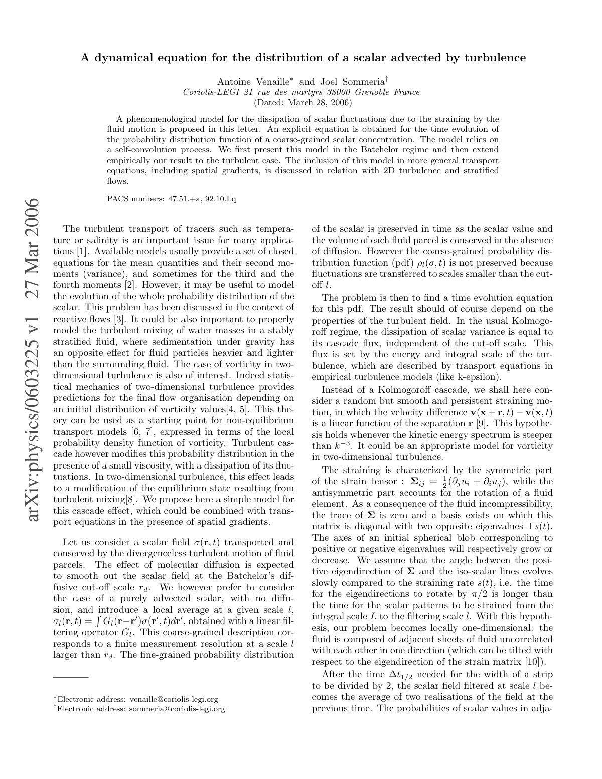 First page of A dynamical equation for the distribution of a scalar advected by turbulence