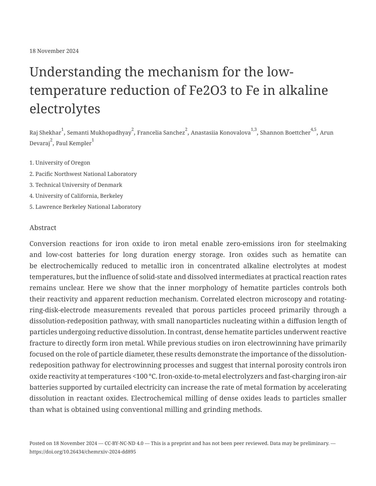 First page of Understanding the mechanism for the low-temperature reduction of Fe2O3 to Fe in alkaline electrolytes