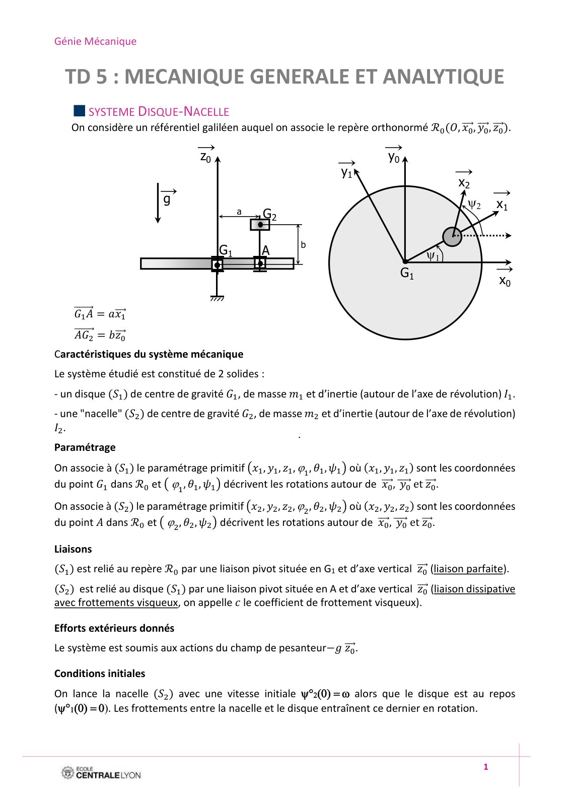 First page of TD 5 : MECANIQUE GENERALE ET ANAL YTIQUE SYSTEME DISQUE-NACELLE
