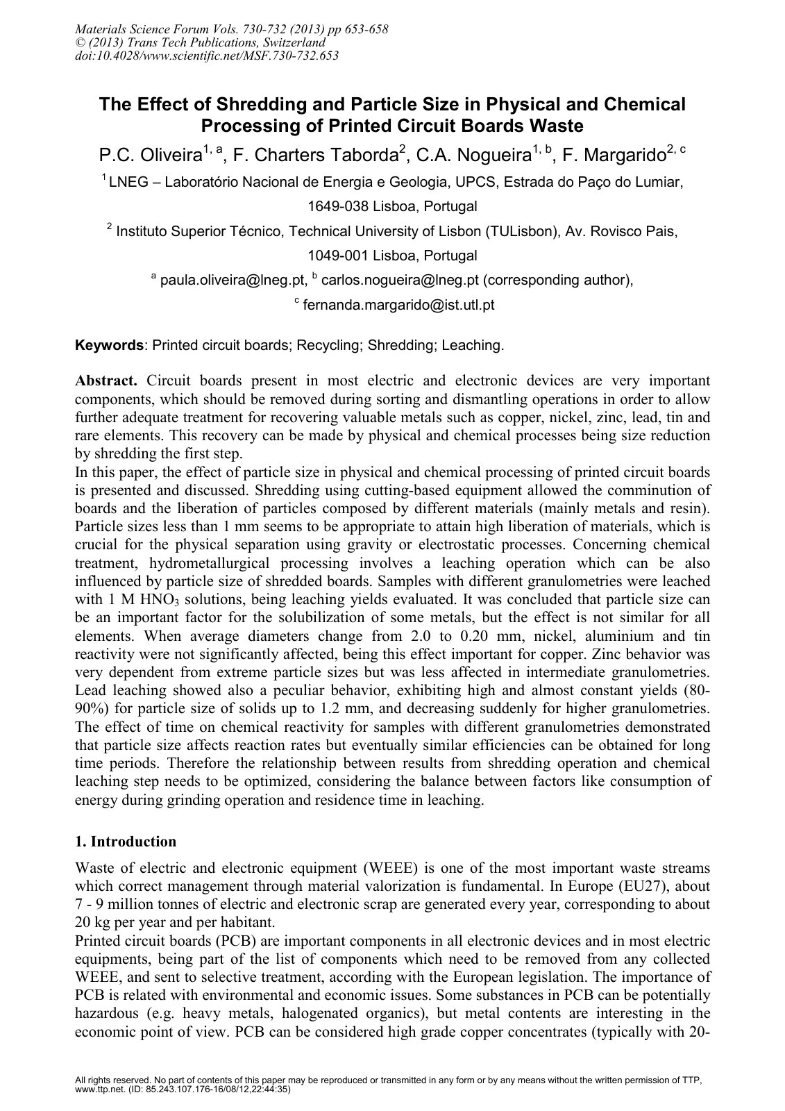 First page of The Effect of Shredding and Particle Size in Physical and Chemical Processing of Printed Circuit Boards Waste