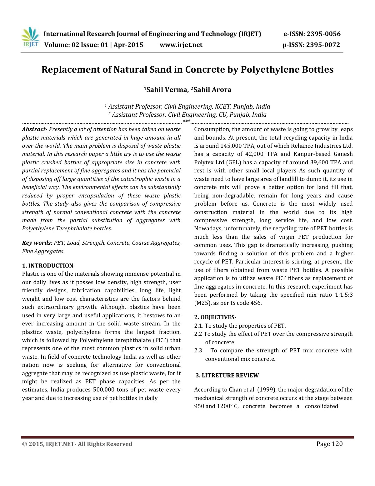 First page of Replacement of Natural Sand in Concrete by Polyethylene Bottles