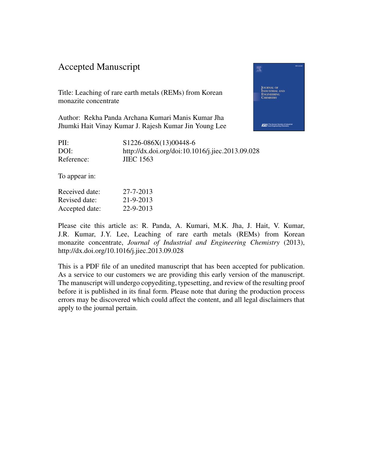 First page of Leaching of rare earth metals REMs from