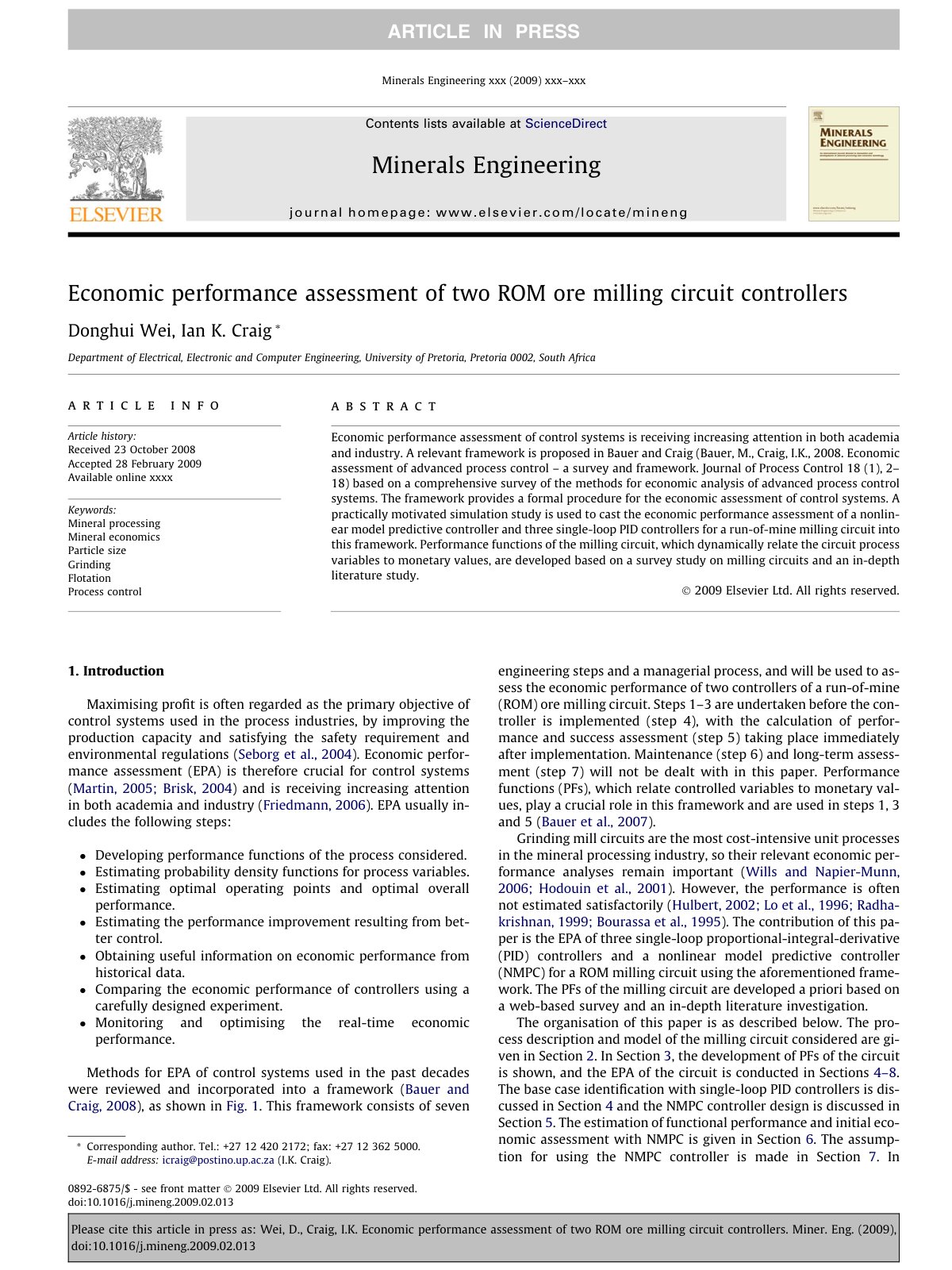 First page of Economic performance assessment of two ROM ore milling circuit controllers