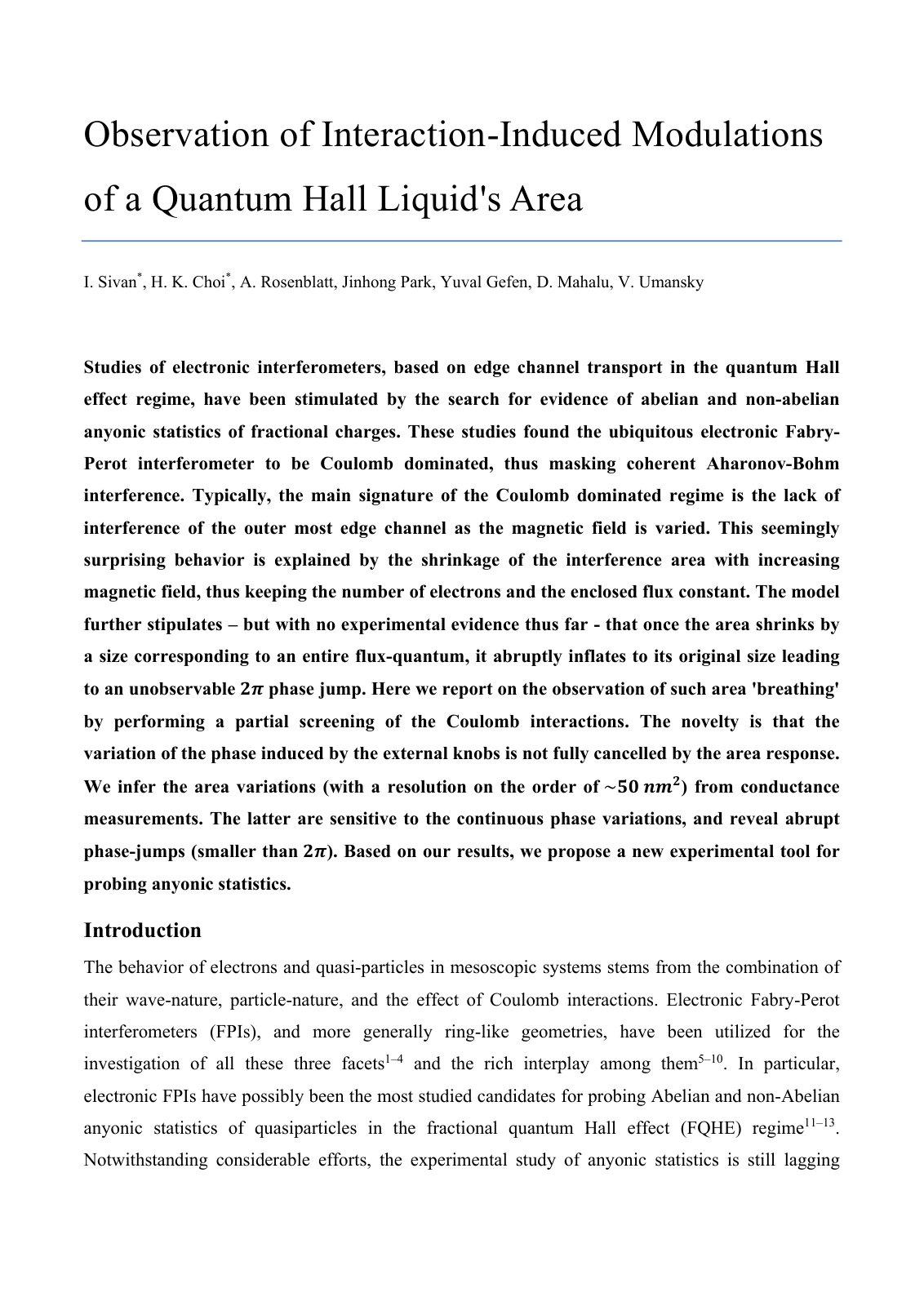 First page of Observation of Interaction -Induced Modulations of a Quantum Hall Liquid's Area