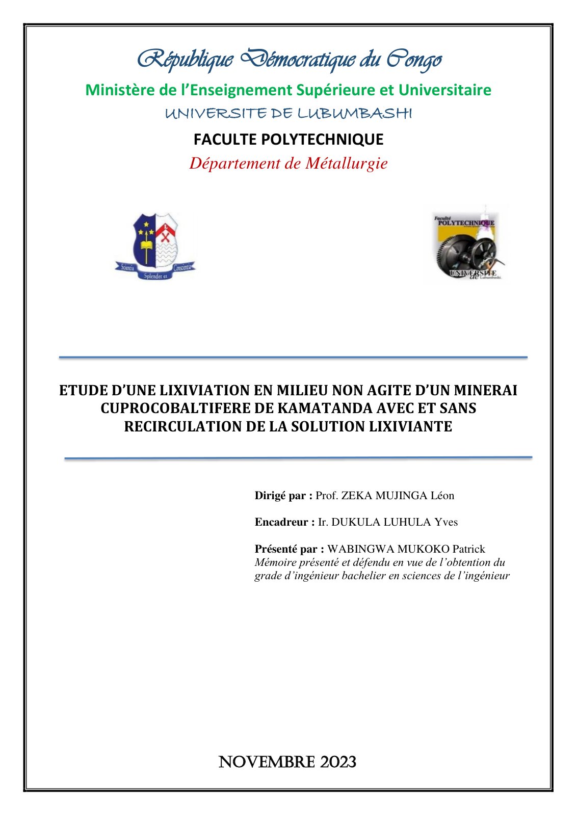 First page of ETUDE D’UNE LIXIVIATION EN MILIEU NON AGITE D’UN MINERAI CUPROCOBALTIFERE DE KAMATANDA AVEC ET SANS RECIRCULATION DE LA SOLUTION LIXIVIANTE