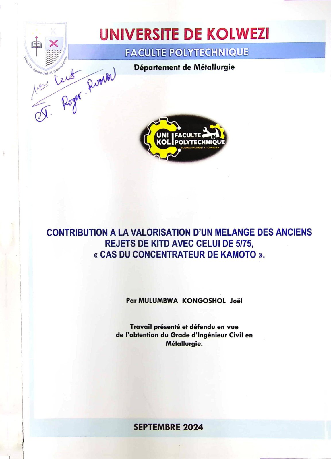 First page of CONTRIBUTION A LA VALORISATION D'UN MELANGE DES ANCIENS REJETS DE KITD AVEC CELUI DE 5/75, « CAS DU CONCENTRATEUR DE KAMOTO »