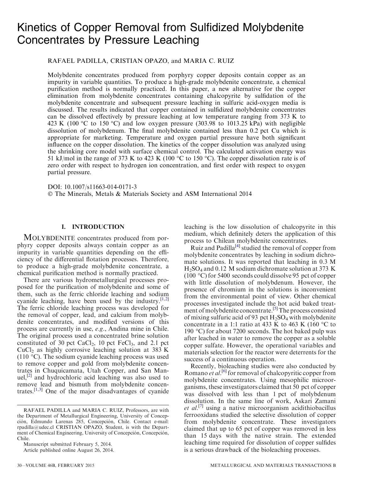 First page of Kinetics of Copper Removal from Sulﬁdized Molybdenite Concentrates by Pressure Leaching