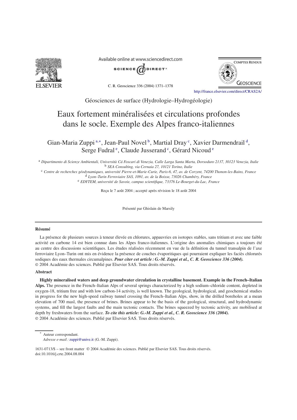 First page of Geosciences de surface Hydrologie Hydrog