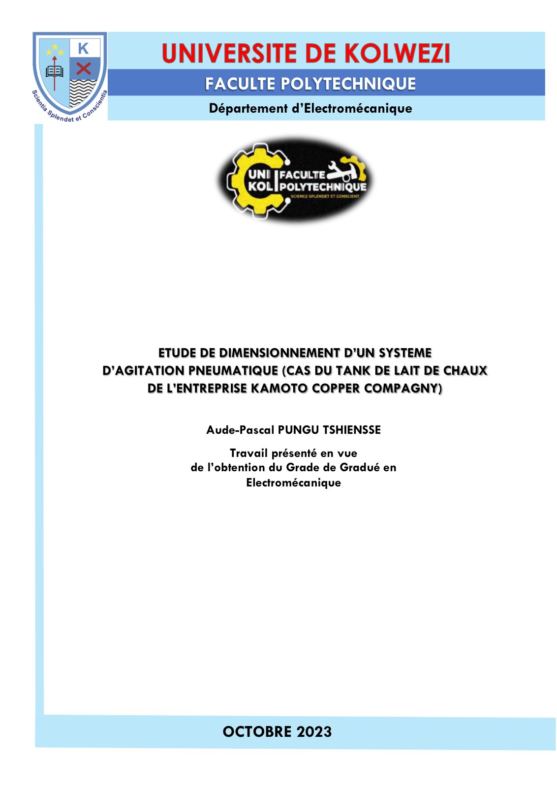 First page of ETUDE DE DIMENSIONNEMENT D’UN SYSTEME D’AGITATION PNEUMATIQUE (CAS DU TANK DE LAIT DE CHAUX DE L’ENTREPRISE KAMOTO COPPER COMPAGNY)