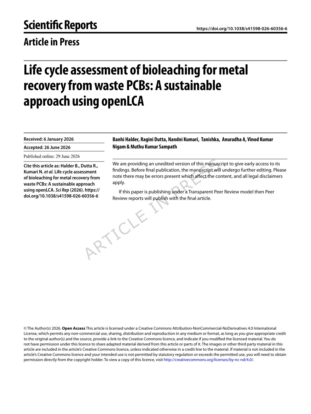 First page of 2026   Halder   Life cycle assessment of PCB bioleaching