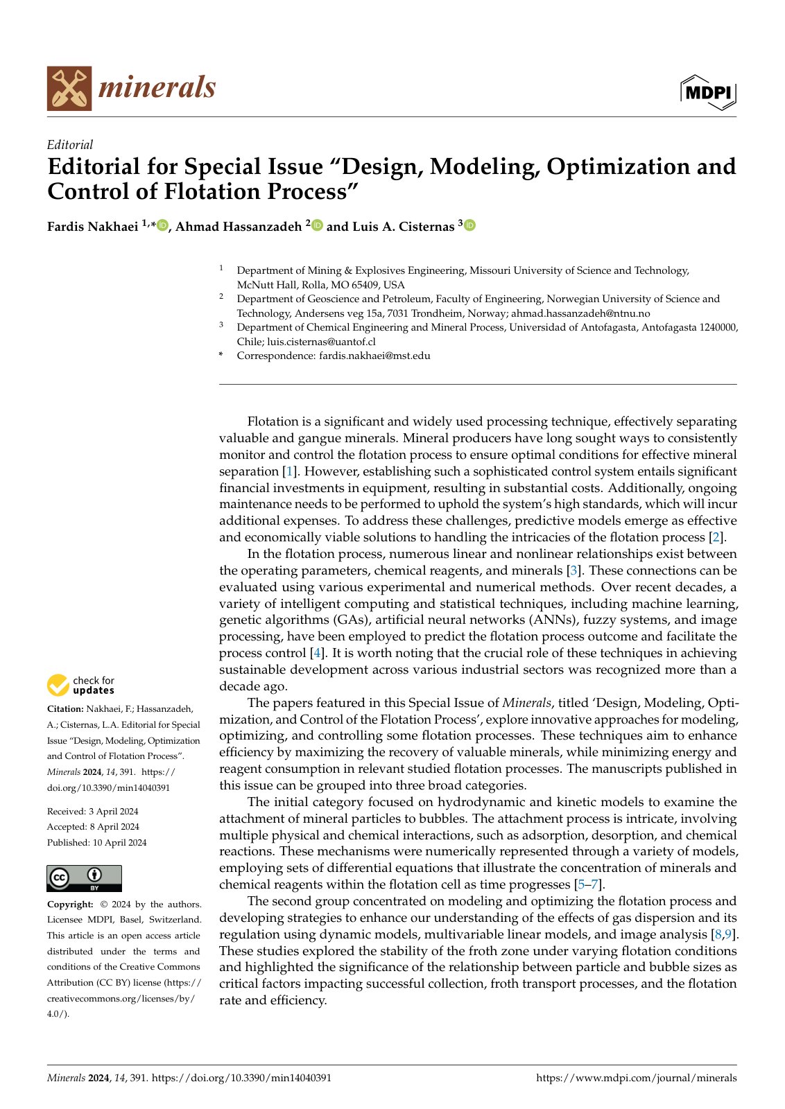 First page of Editorial for Special Issue “Design, Modeling, Optimization and Control of Flotation Process”