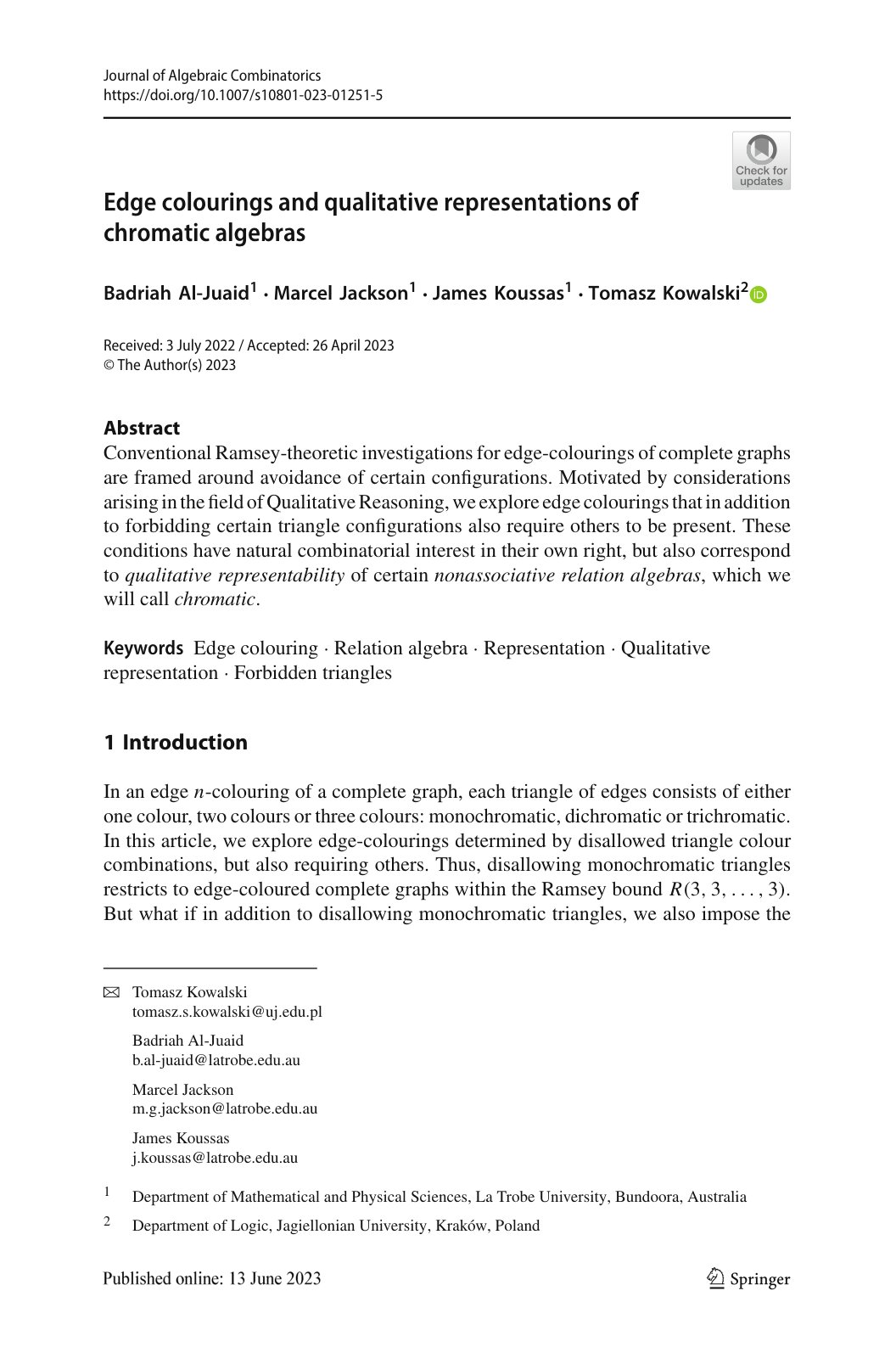 First page of Edge colourings and qualitative representations of chromatic algebras