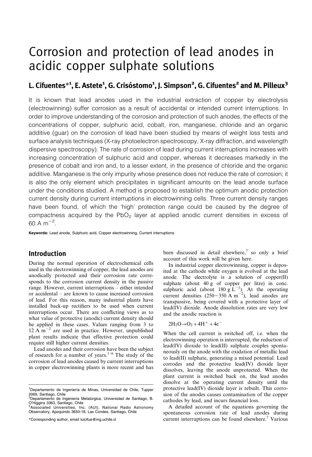 First page of Corrosion and protection of lead anodes