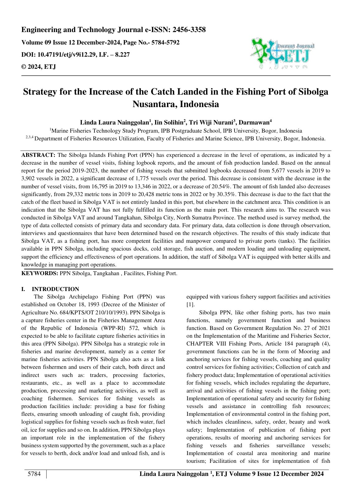 First page of Strategy for the Increase of the Catch Landed in the Fishing Port of Sibolga 