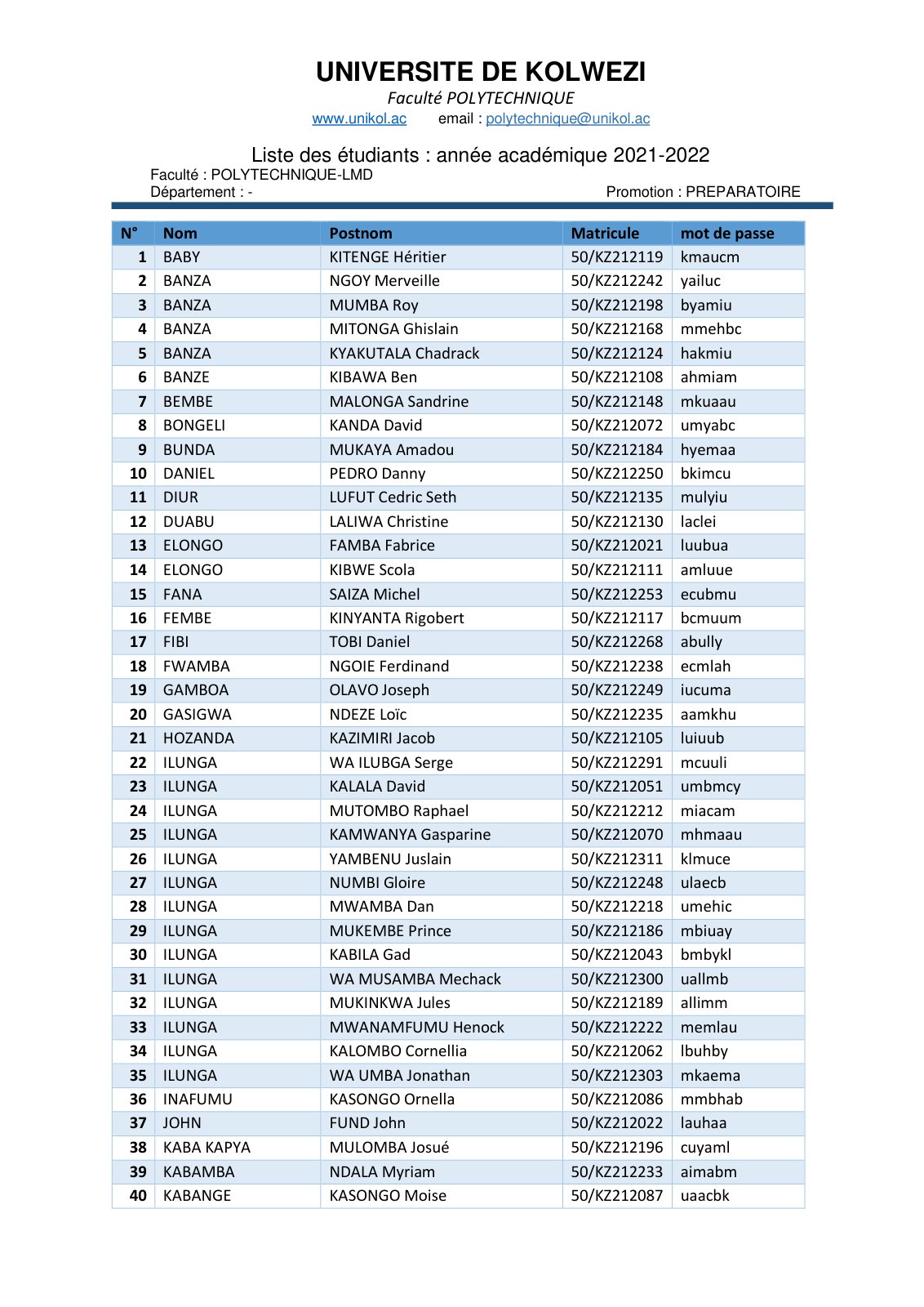 First page of Liste des étudiants : année académique 2021-2022