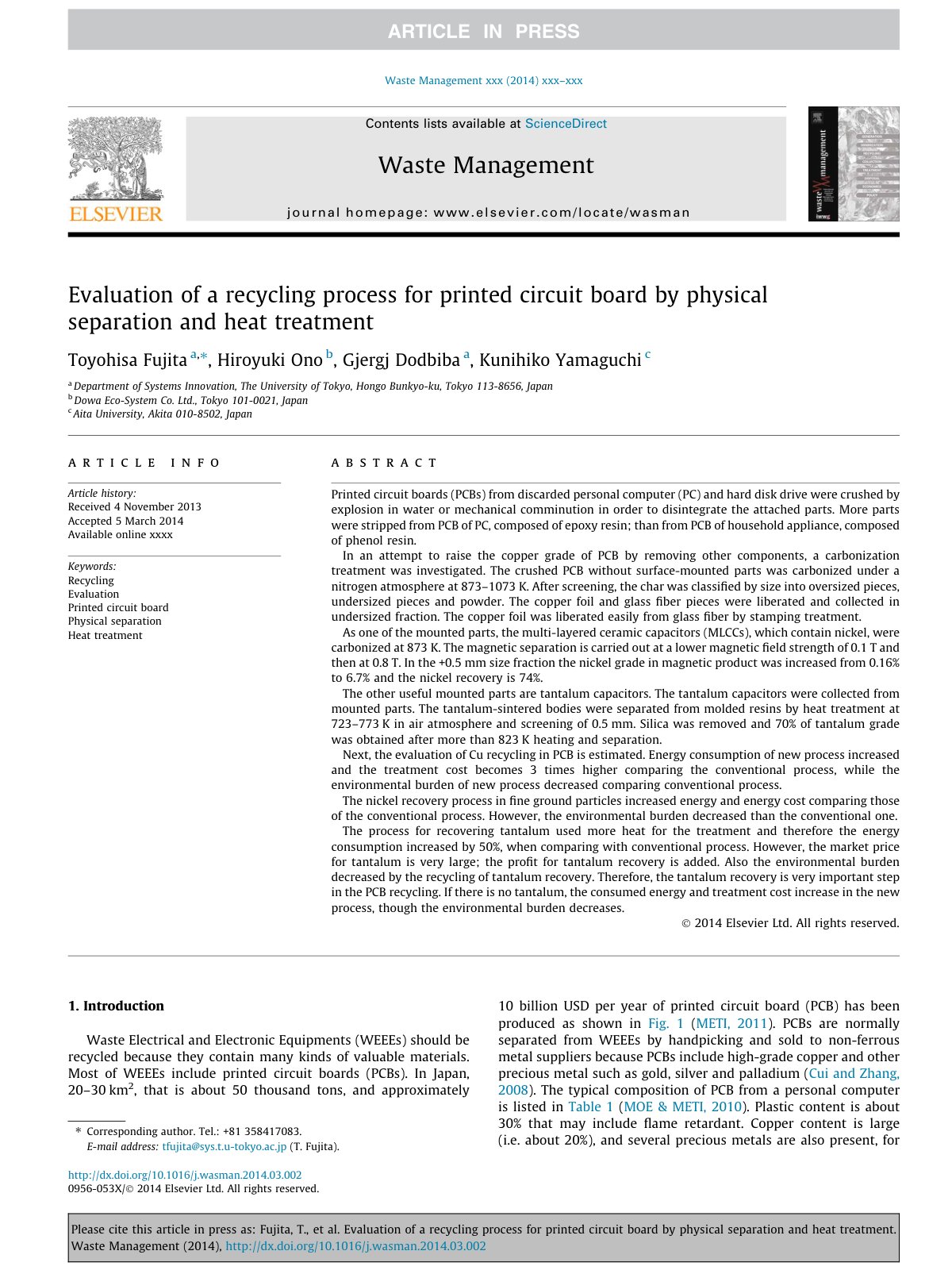 First page of Evaluation of a recycling process for pr